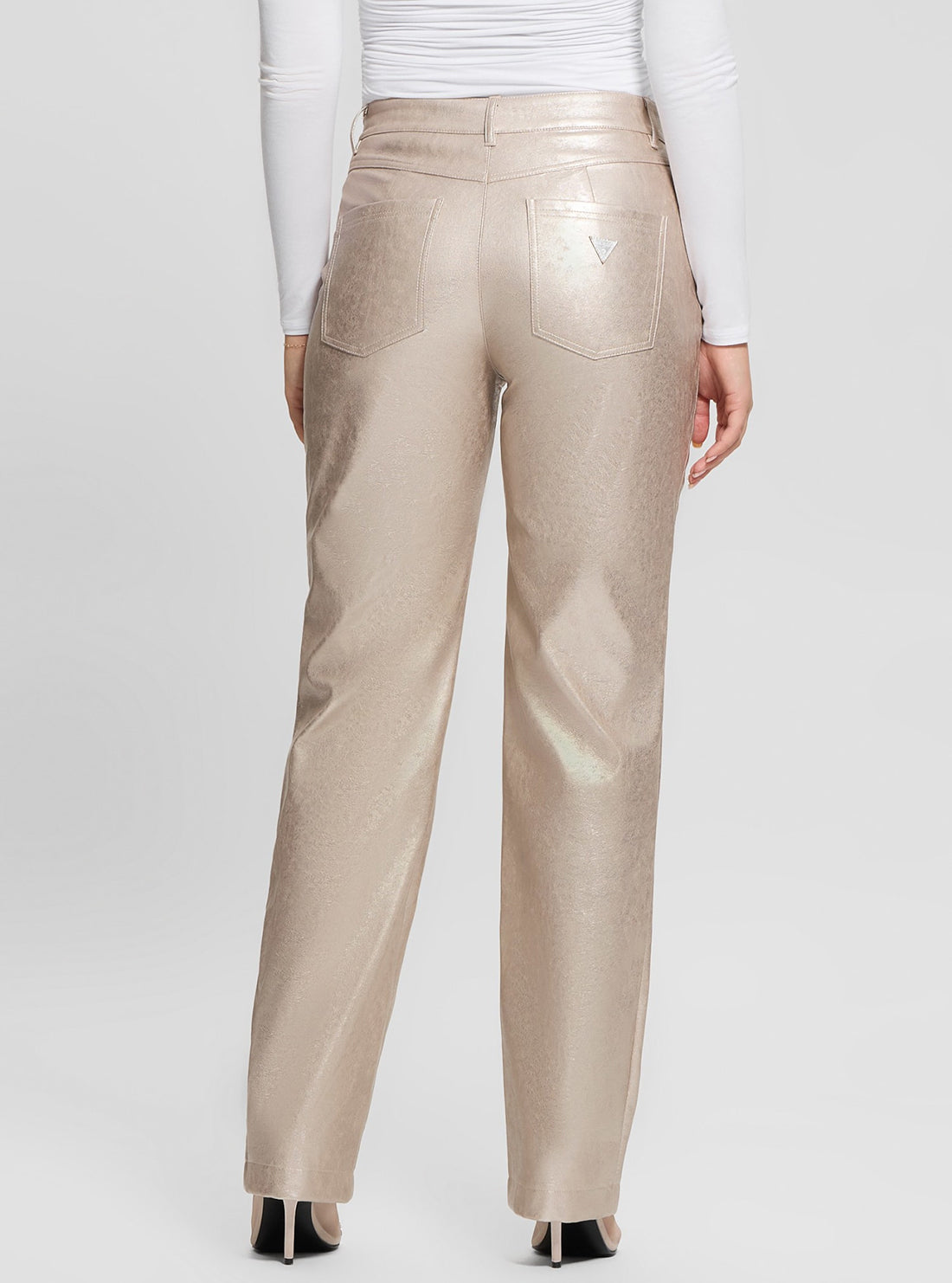 Beige Ambra Metallic High-Waisted Pants for Women - Trendy Shiny Office & Party Trousers - Perfect for Work, Night Out and Special Occasions