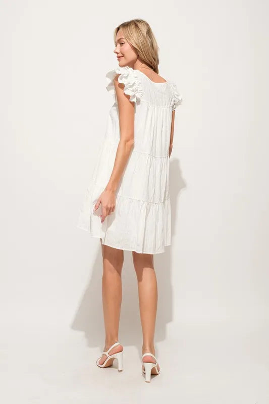 Elegant White Pleated Ruffled Sleeve Tiered Resort Dress for Women - Perfect for Beach Vacations, Summer Weddings & Tropical Getaways