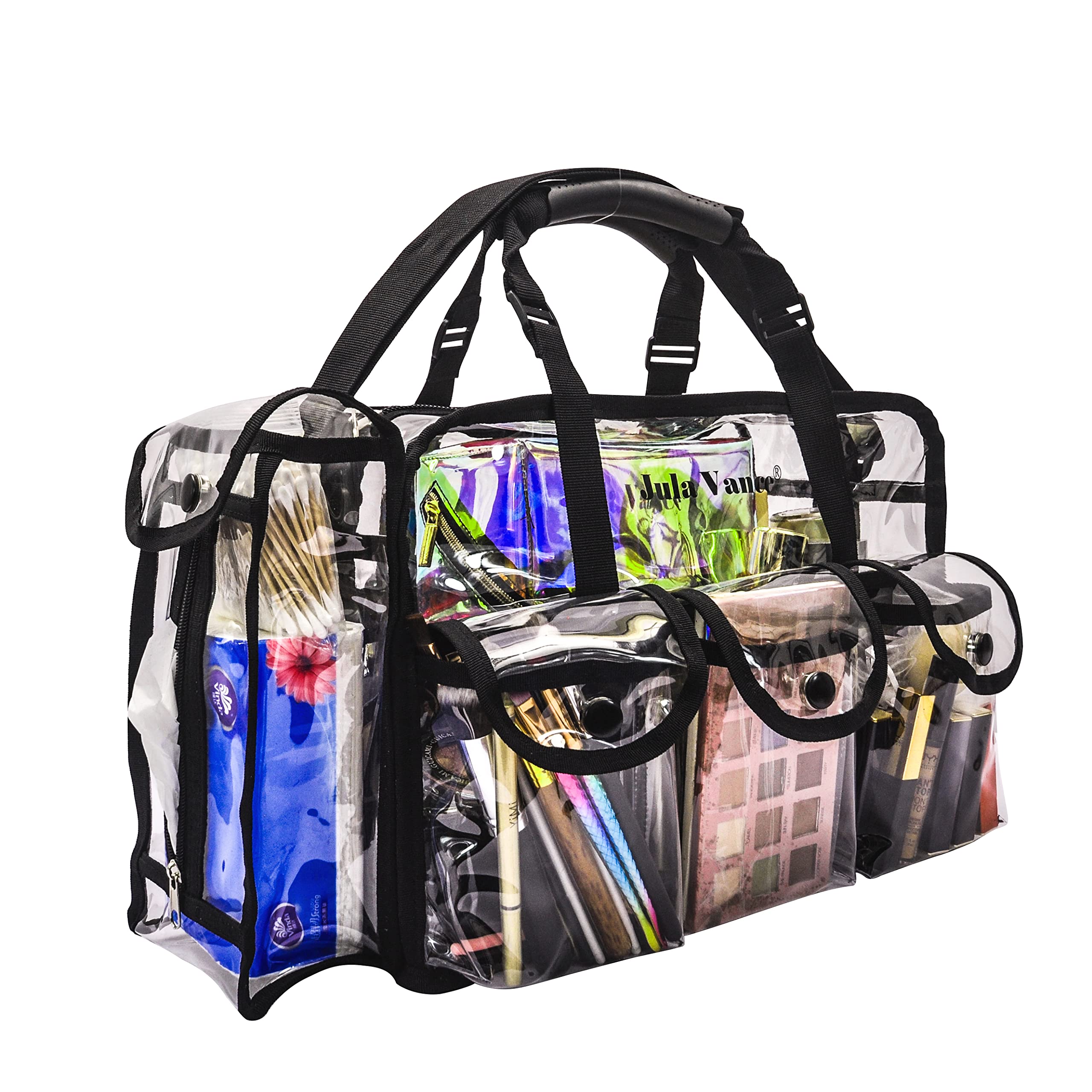 Professional Clear PVC Makeup Organizer Bag - Transparent Travel Cosmetic Case with 6 Pockets & Tissue Holder for MUA, Artists & Beauty Enthusiasts - Perfect for Travel, Salon & Professional Makeup Kits