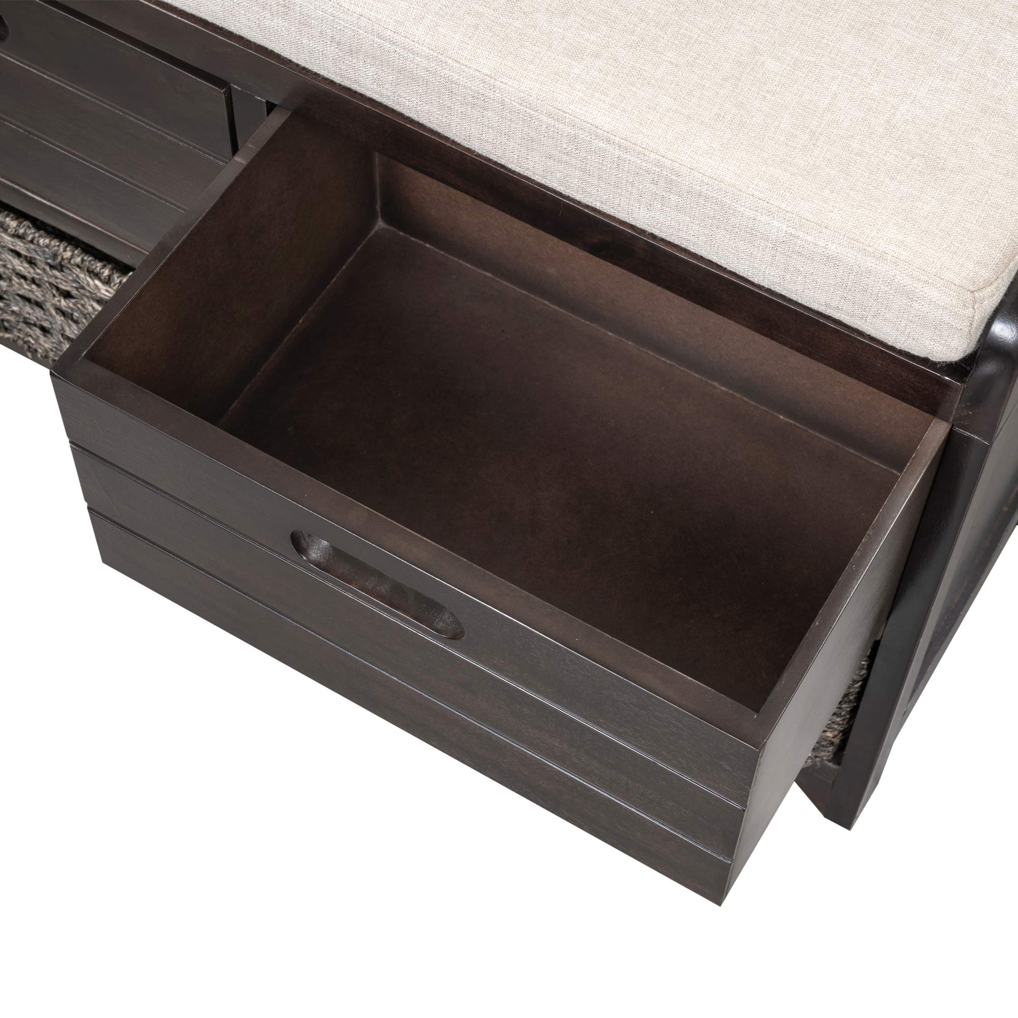 Wooden Storage Bench with 2 Drawers & Removable Basket - Fully Assembled Wicker Entryway Bench with Cushion - Shoe Storage for Hallway, Living Room & Bedroom (Espresso) - Perfect for Entry Organization & Home Decor