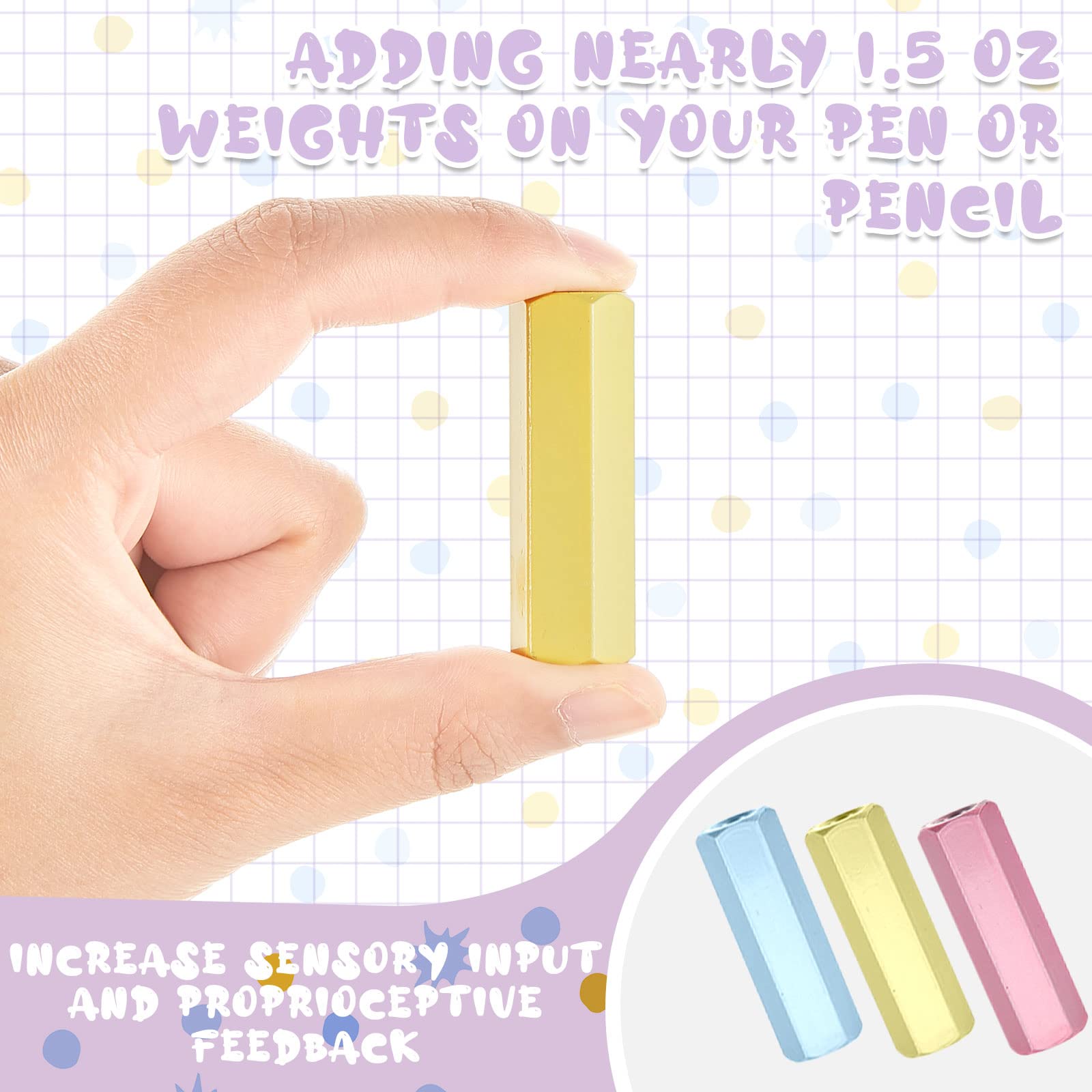 Gersoniel 3-Piece Colorful Metal Pencil Weights Set - Handwriting Aid for Autism Learning, Pencil Grip Helper (Pink, Light Yellow, Light Blue) - Perfect for Classroom, Therapy & Home Writing Practice