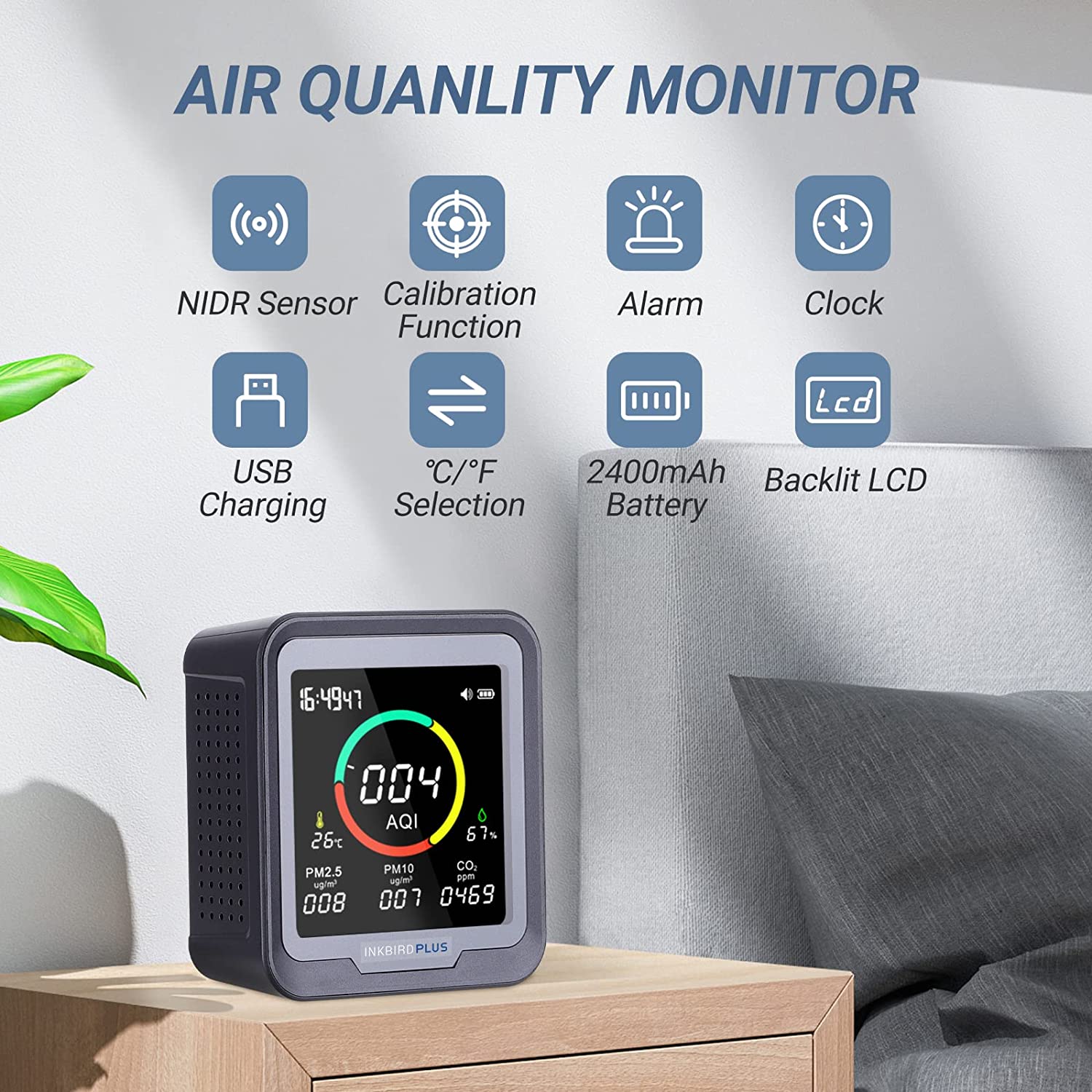 6-in-1 Digital CO2 Detector with PTH 9A Sensor - Monitor Air Quality for Home, Office, and Indoor Spaces