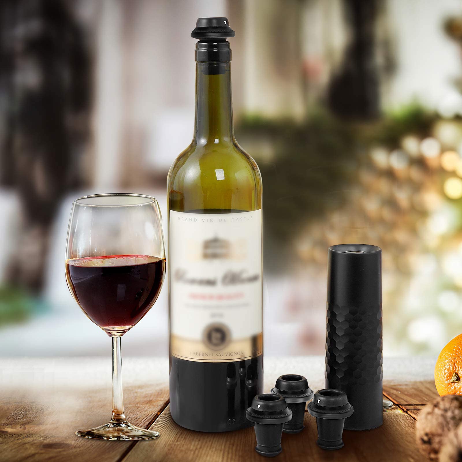 Automatic Wine Saver Pump Set with 4 Reusable Vacuum Stoppers - USB Type-C Charging for Red Wine Preservation | Perfect for Home Bars, Restaurants & Wine Lovers (Black)