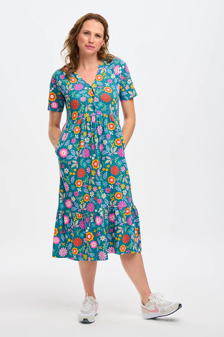 Heather Jersey Midi Smock Dress - Floral Print Tea Green Boho Style Summer Dress for Women | Perfect for Beach Vacation, Date Night & Casual Outings
