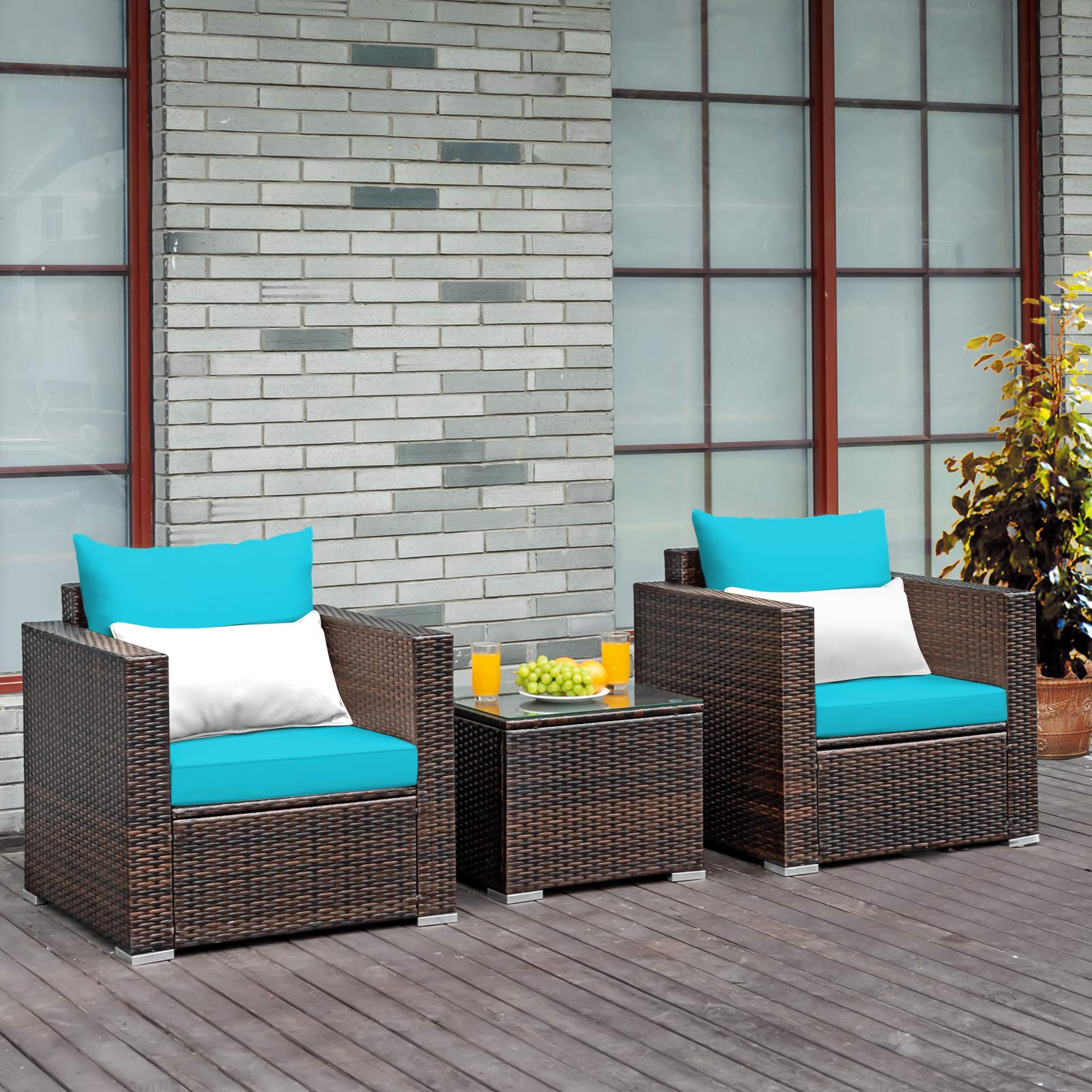 Tangkula 3-Piece Outdoor Patio Furniture Set with Washable Cushions & Tempered Glass Table - PE Wicker Rattan Sofa Set for Garden, Poolside, Balcony - Perfect for Backyard Relaxation & Outdoor Entertaining