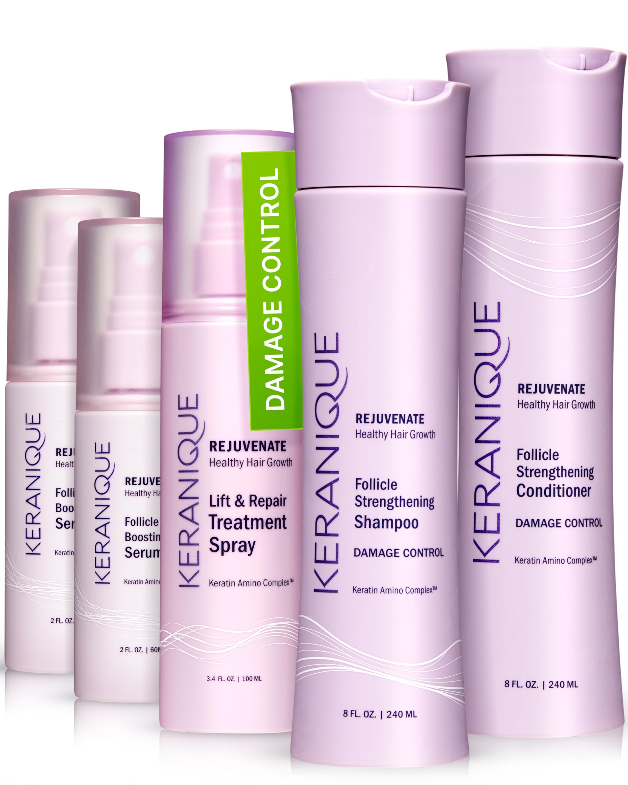 Keranique Damage Control Hair Care Set for Thinning Hair - Repair Shampoo & Conditioner for Damaged Hair, Follicle Booster Serum & Lift Repair Spray - Keratin Enriched Treatment for Women with Dry, Thin Hair - Perfect for Daily Hair Restoration & Volume Boost