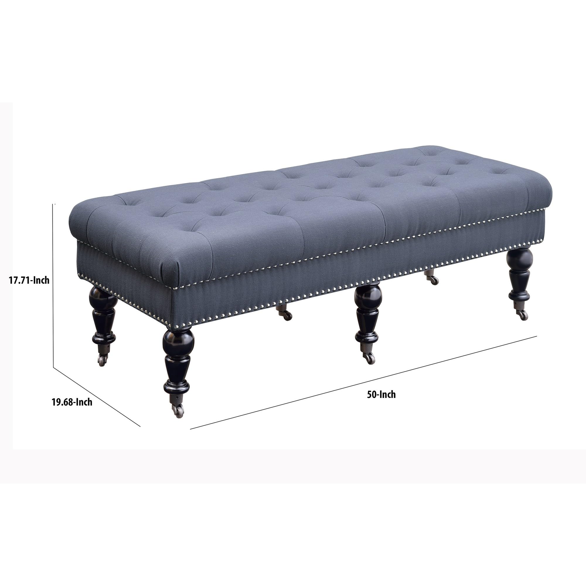 Benjara Button Tufted Upholstered Bench with Caster Wheels - Black & Blue Velvet Storage Ottoman for Bedroom, Living Room, Entryway - Perfect for Seating & Extra Storage