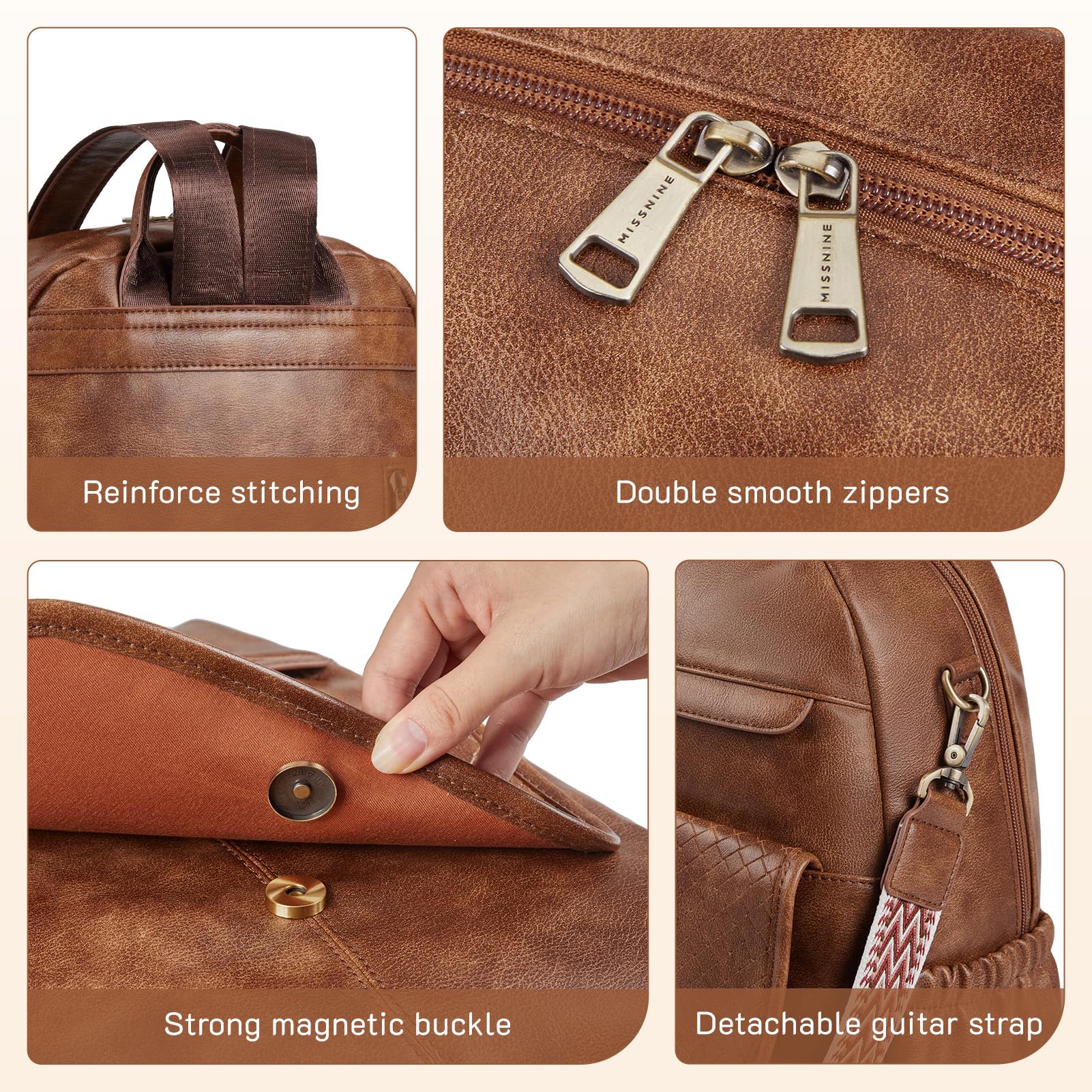 Missnine Women's PU Leather Convertible Backpack Purse - Stylish Shoulder Bag & Satchel for Work, College, Travel with Weave Detail (Coffee Brown) - Perfect for Office Commute, Campus Life & Weekend Getaways