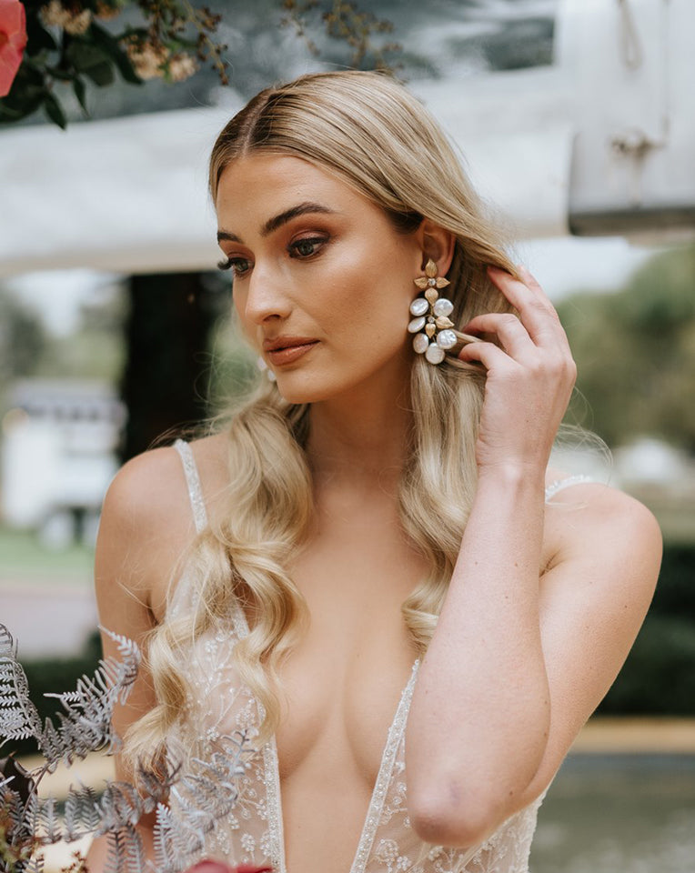 Elegant Bridal Earrings with Gold Leaf & Freshwater Pearl Drops by Siam by Stephanie Browne – Perfect for Weddings, Prom & Special Occasions