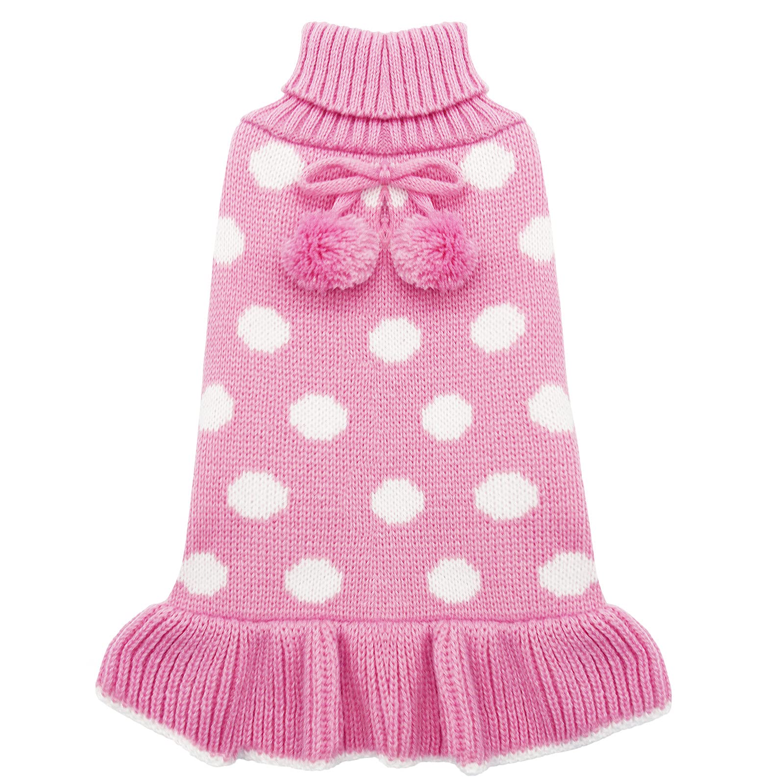 KYEESE Pink Polka Dot Knit Dog Sweater Dress with Leash Hole & Pom Pom Ball - Warm Winter Dog Clothes for Small Medium Large Dogs - Perfect for Fall Winter Outfits, Christmas Photos & Outdoor Walks