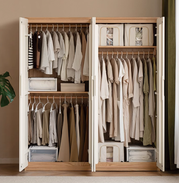 Oak Solid Wood Log Cream Style Wardrobe - Rustic Bedroom & Living Room Storage Furniture for Home Organization