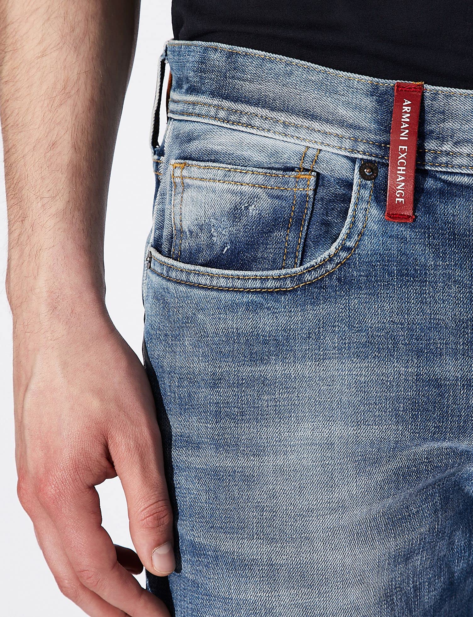 Armani Exchange Men's Slim Fit Medium Wash Denim Jeans with Patch & Repair Details | Casual Wear & Night Out Outfits