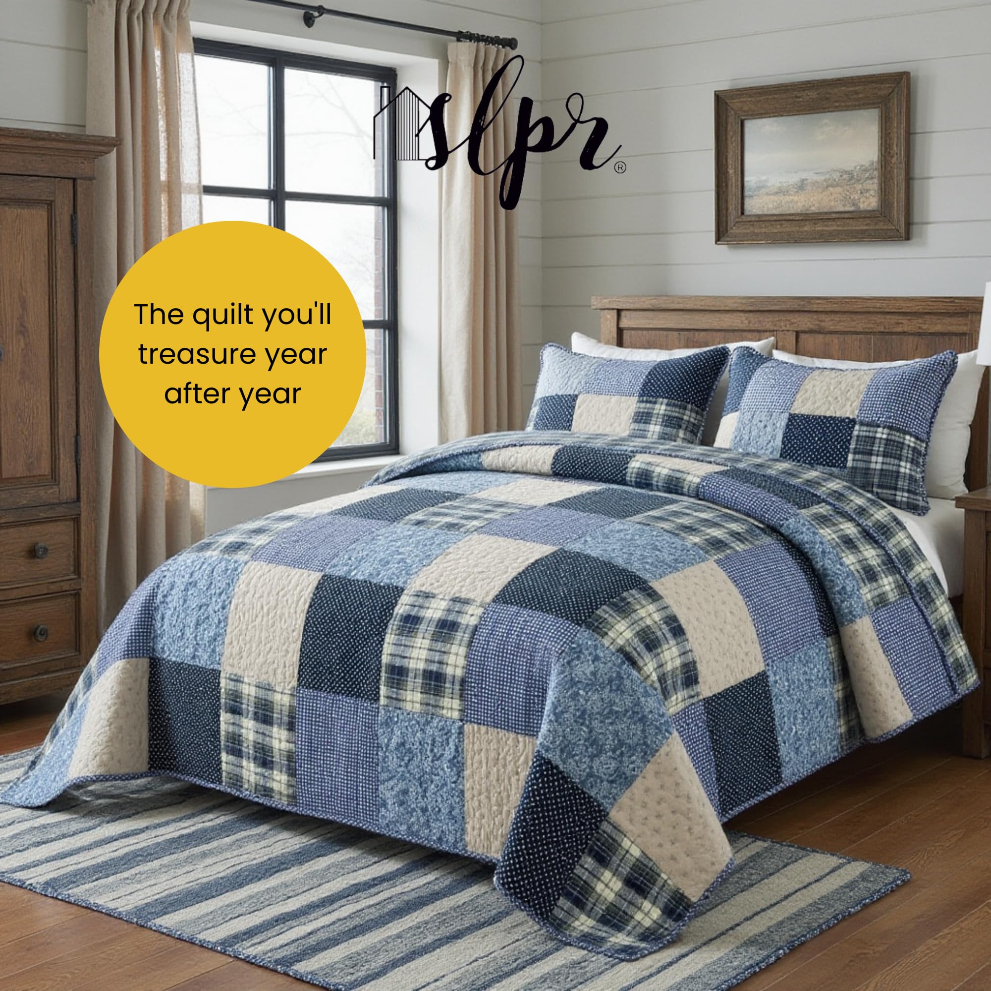 SLPR Blue Symphony Cotton Patchwork Quilt Set - Twin Size with 1 Sham | Farmhouse Style Checkered & Plaid Bedspread | Lightweight Cozy Country Bedding for Guest Rooms, Dorm Decor & Cozy Cabin Retreats