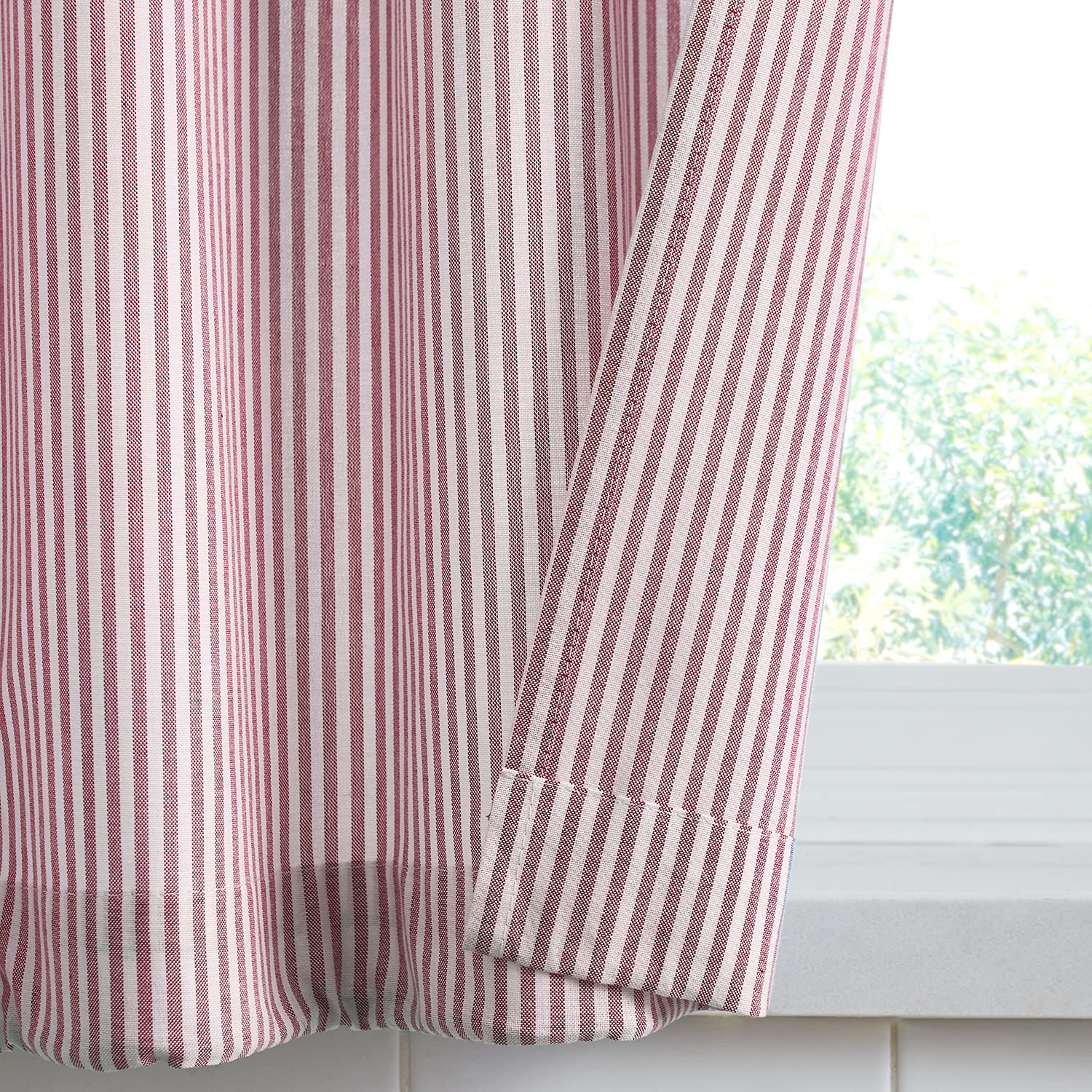 July Joy Cotton Kitchen Curtain Set - Light Filtering Tab Top Valance & Tiers with Ticking Stripe for Privacy, Perfect for Cafe, Kitchen, Bathroom, and Living Room Windows