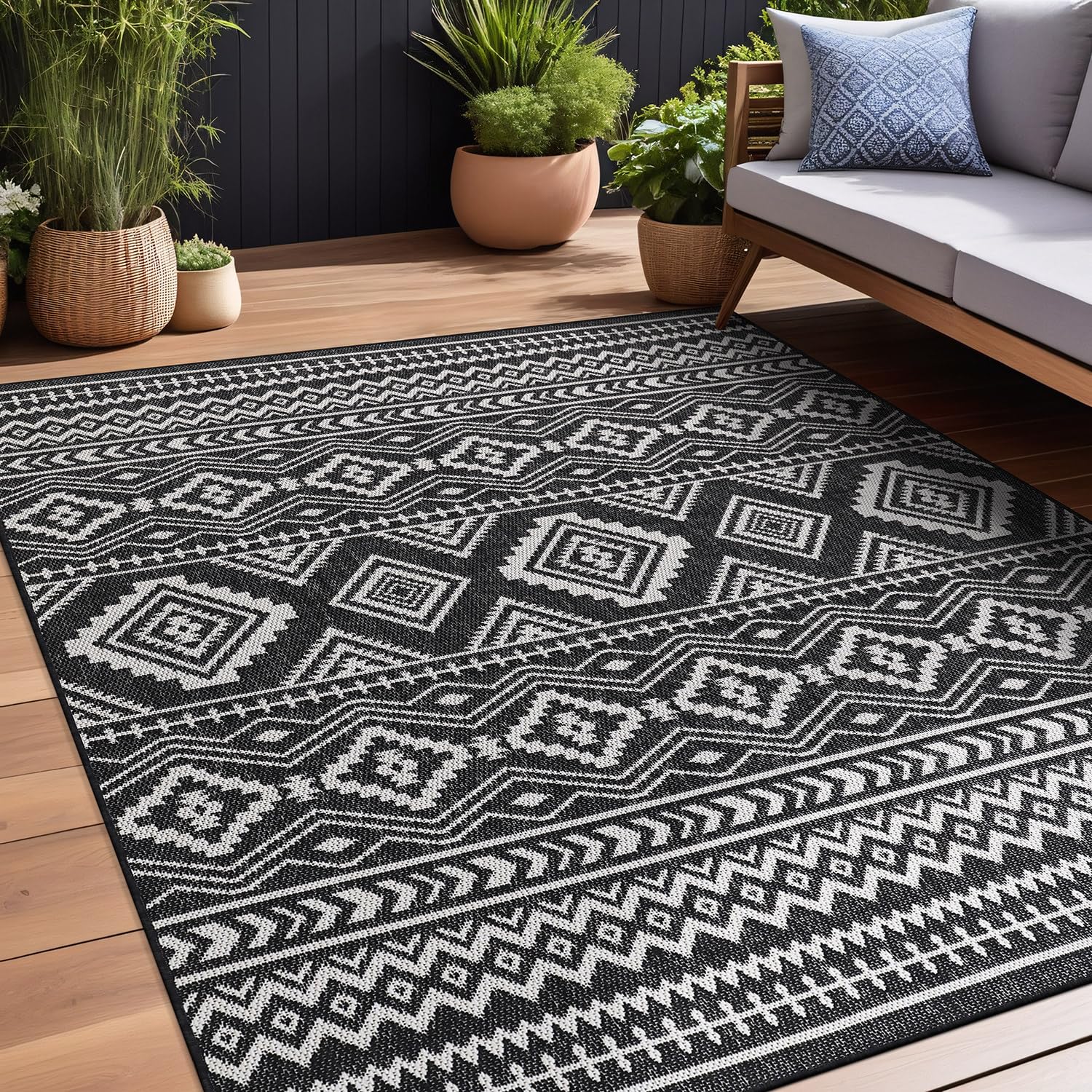Beverly Rug Waikiki Boho Indoor Outdoor Rug 9x12 - Washable Bohemian Area Rug for Patio, Deck, Porch - Farmhouse & Aztec Tribal Design in Black and White - Perfect for Beach Houses, Living Rooms, and Cozy Outdoor Spaces