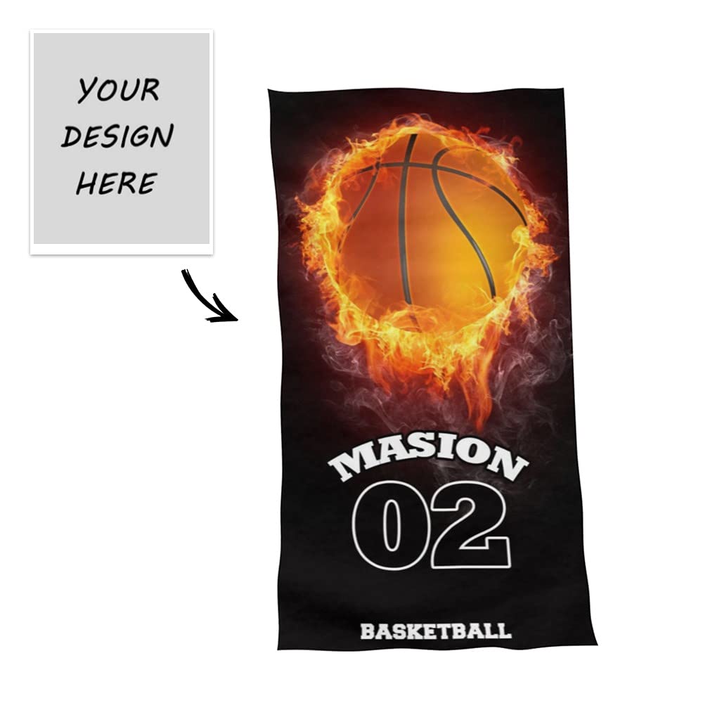 **Personalized Basketball Beach Towels - Oversized Custom Name & Number Bath Towels for Boys - Perfect for Pool, Gym, Beach & Sports Gifts (Basketball Design)**