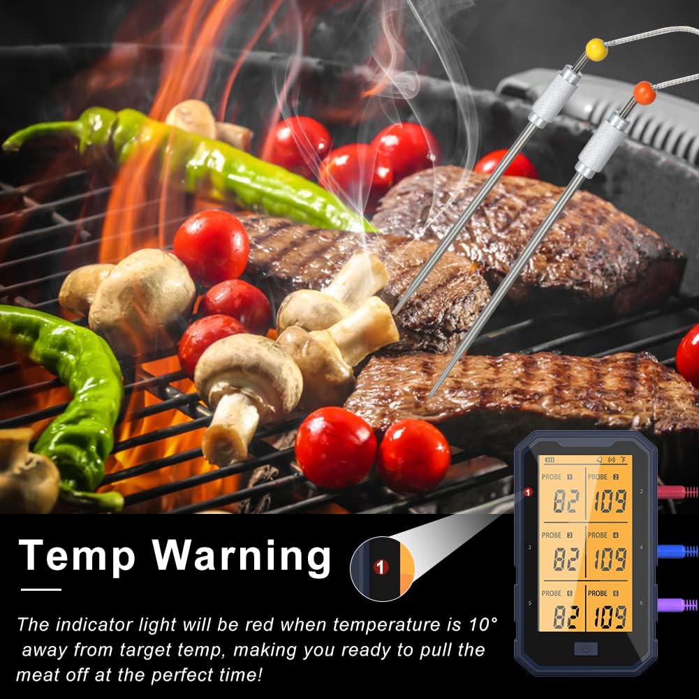 Wireless Bluetooth Meat Thermometer with 6 Probes - Digital BBQ Grill & Smoker Thermometer for Cooking, Turkey, Oven - APP Monitoring, Timer & Alarm - Perfect for Outdoor Grilling, Smoking, and Kitchen Use