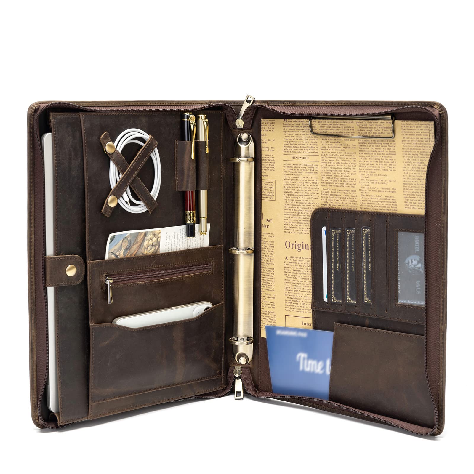 YIWEN Genuine Leather Portfolio with Zipper & 3-Ring Binder - Professional Business Organizer, Resume Folder & Tablet Notebook Holder (Dark Khaki) - Perfect for Office Meetings, Job Interviews & Business Presentations