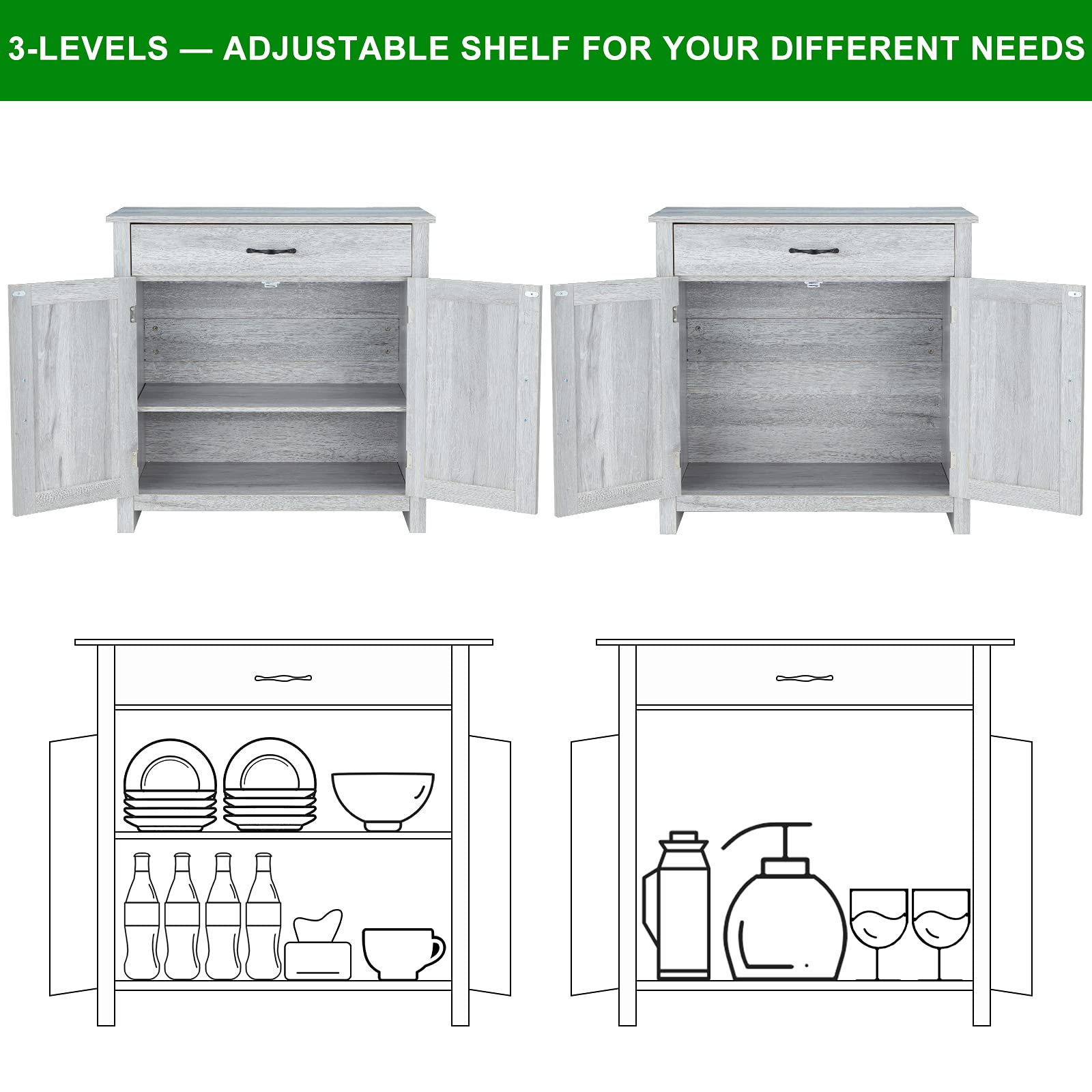 Modern Farmhouse Kitchen Sideboard Buffet Cabinet with Drawer & Adjustable Shelf - Grey Storage Cabinet for Coffee Bar, Dining Room, Entryway & Bathroom Organization | Perfect for Home Decor, Kitchen Storage & Small Space Solutions