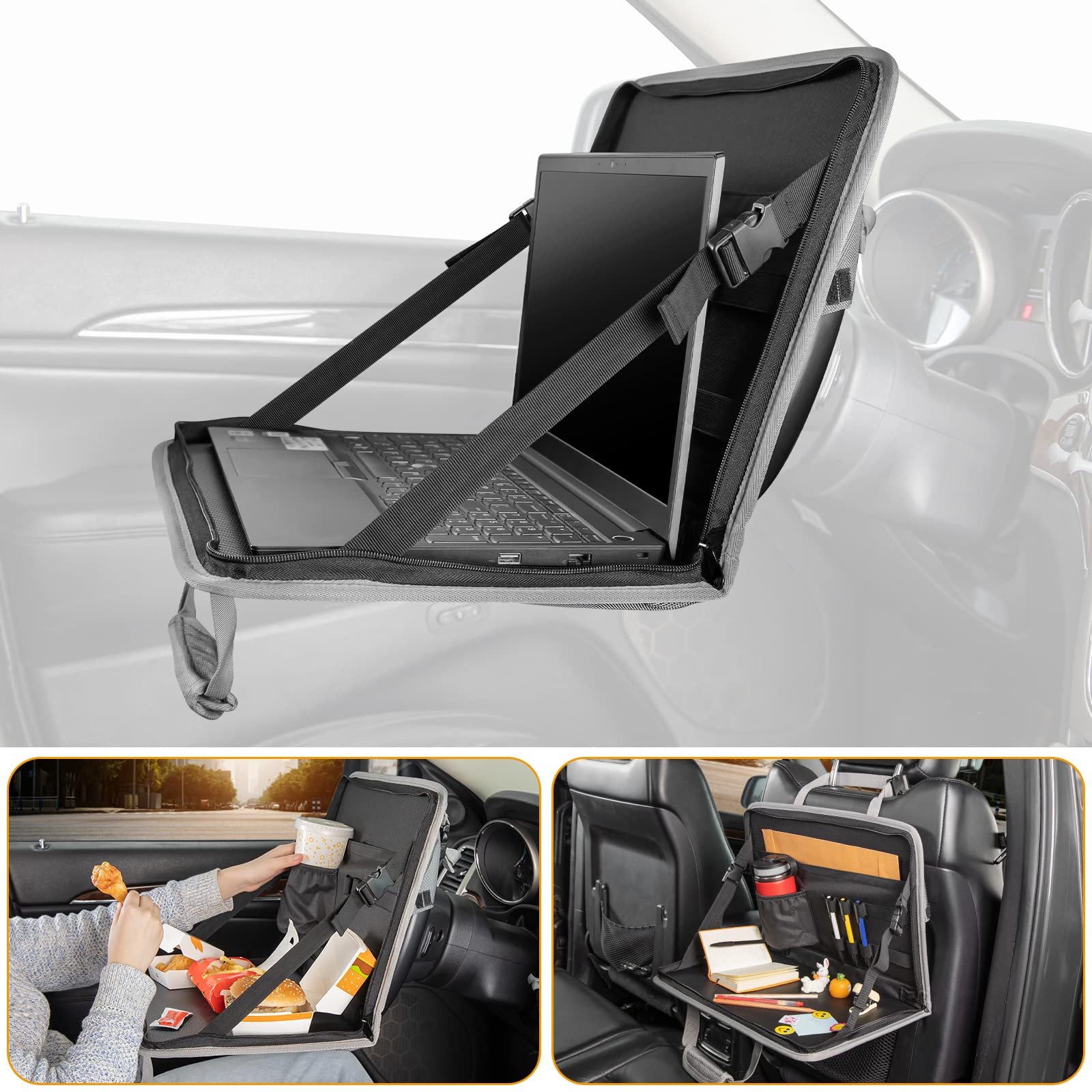 JOYTUTUS 3-in-1 Car Steering Wheel Tray - Gray Multifunctional Car Desk for Eating, Laptop Work & Writing | Backseat Organizer for Kids, Commuters & Family | Perfect for Road Trips, Office on the Go & Snacking in Car