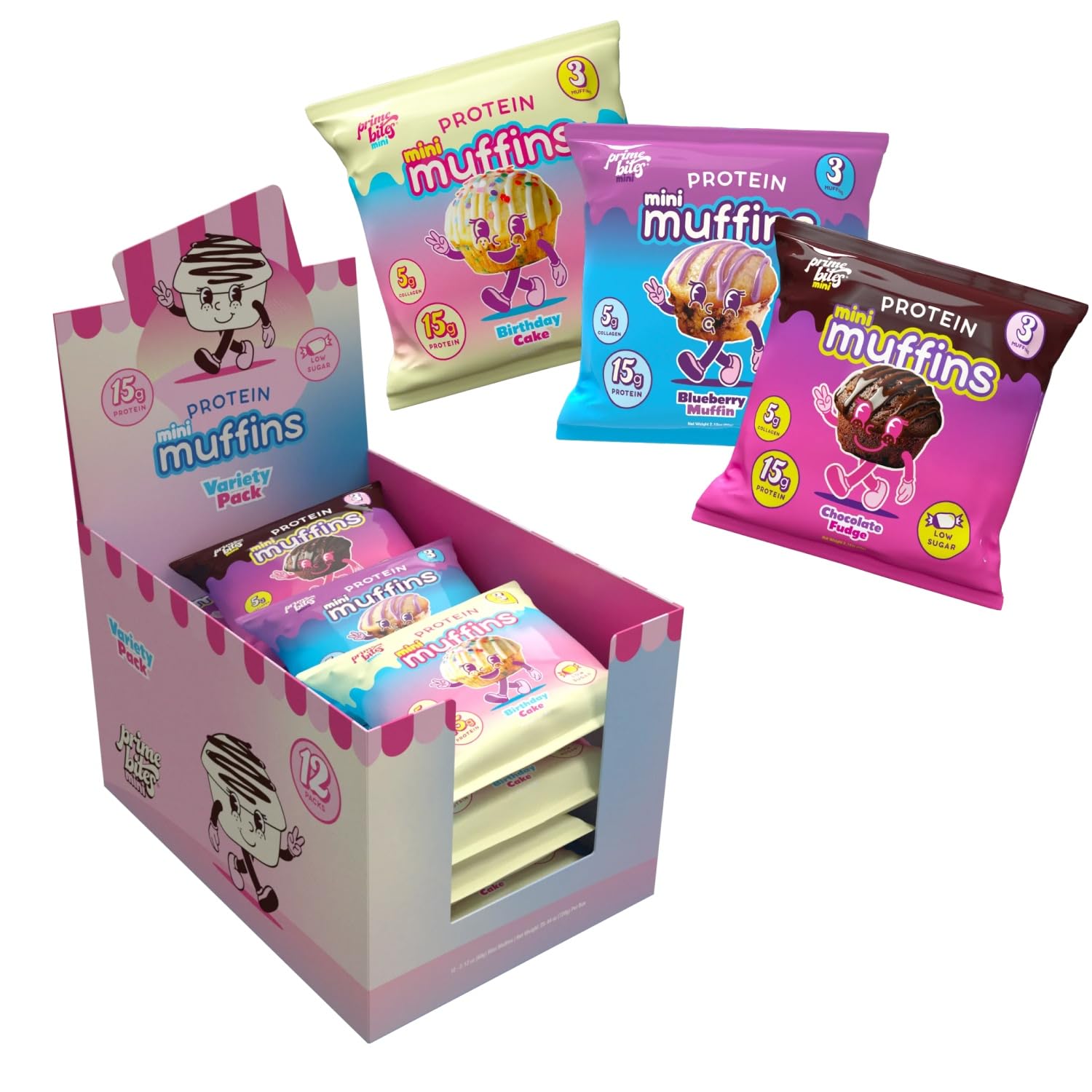 Alpha Prime Supplements Prime Bites Minis - High Protein Collagen Mini Muffins | Low Sugar Protein Snacks | Variety Pack (12 Pack) | Perfect for Post-Workout Recovery & Healthy On-the-Go Snacking