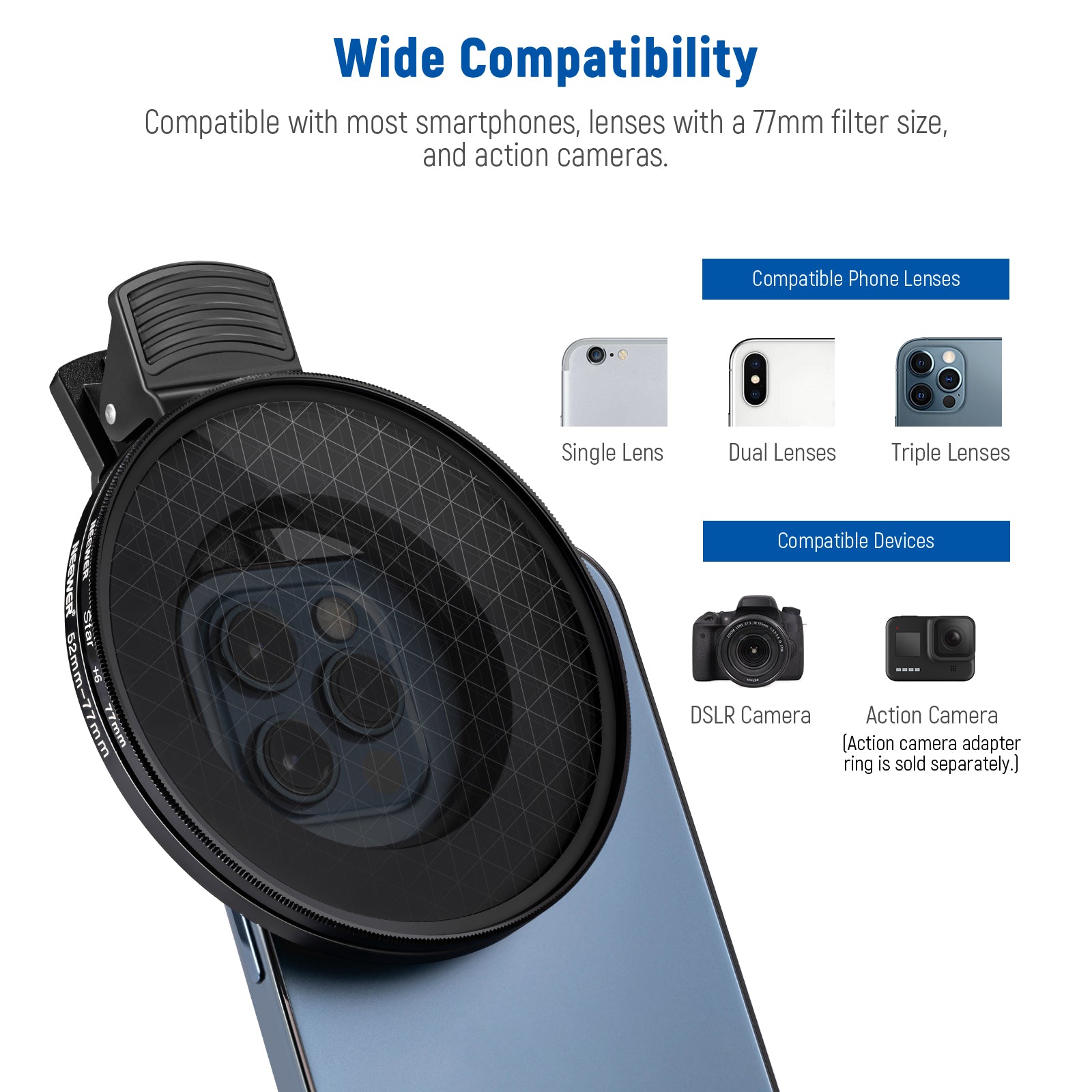 NEEWER Clip-On Camera Lens Filters Kit for iPhone, Android Smartphones & DSLR Cameras - Enhance Photos & Videos for Social Media, Vlogging, and Professional Photography