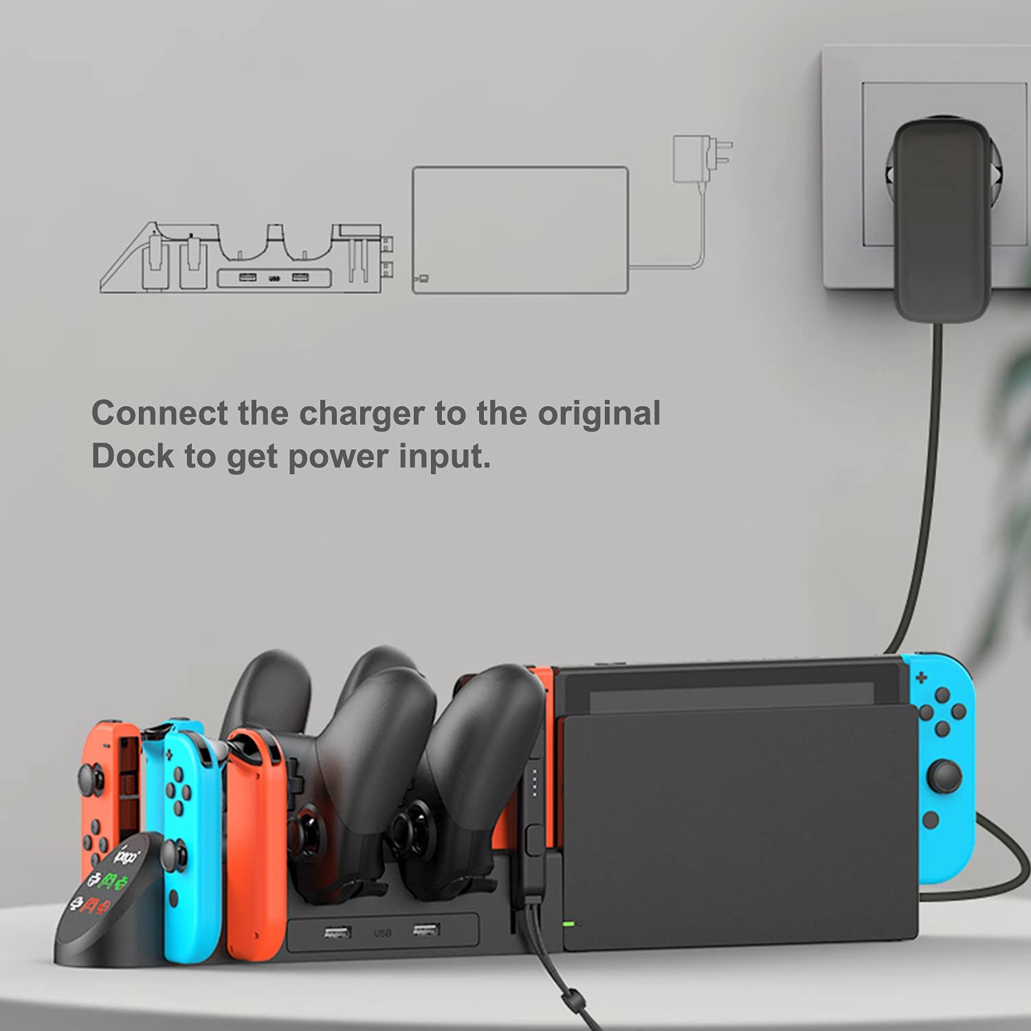 FastSnail Switch Pro Controller Charging Dock - Dual USB 2.0 Port Charger Stand for Nintendo Switch Pro Controllers, Joy-Cons & OLED Model | Multi-Function Gaming Accessory for Home & Travel Use