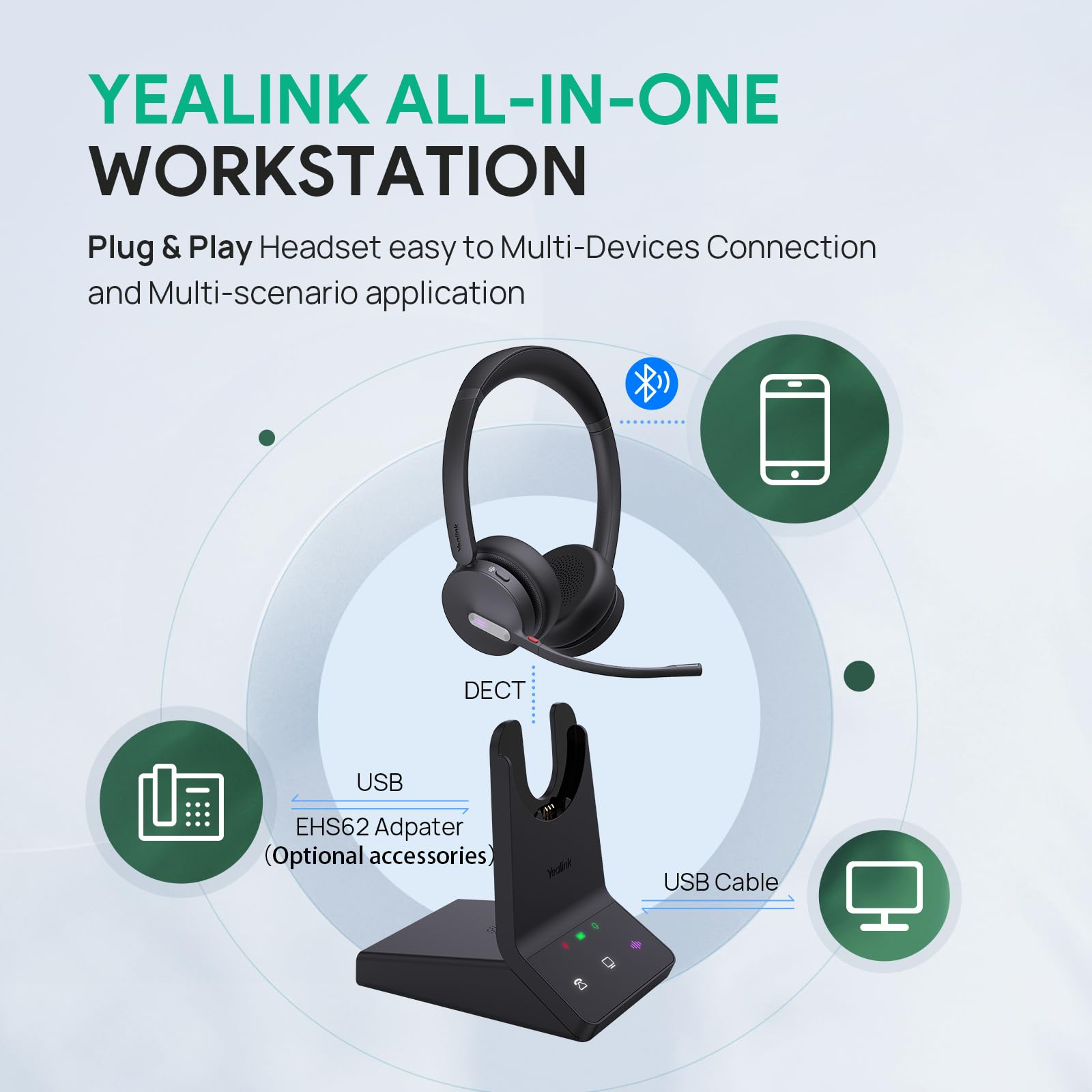 Yealink WH64 Wireless Headset - DECT & Bluetooth Dual-Mode Headphones with 606ft Range, 3X Noise-Canceling Mic, 32hr Talk Time for Teams/Zoom/Skype/UC | Office Headset for Desk IP Phone, PC, Cell Phone | Perfect for Remote Work, Call Centers & Video Conferencing