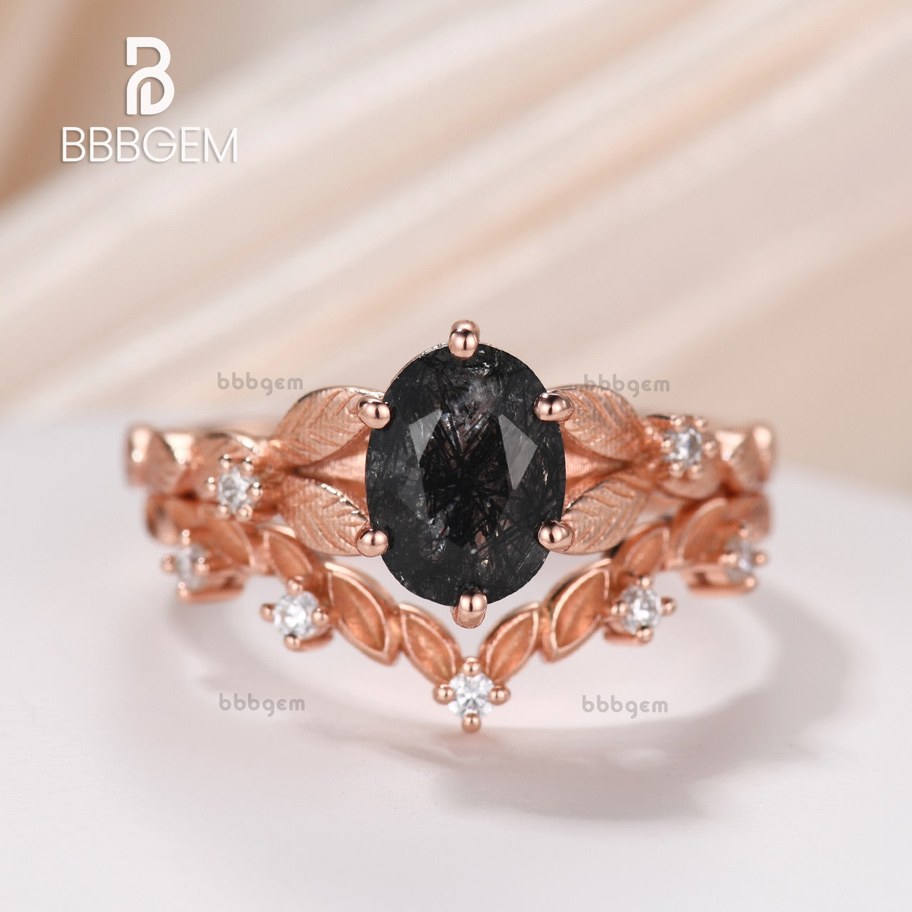 Oval Black Tourmaline & Rutilated Quartz Engagement Ring Set - Nature Inspired V-Shaped Leaf Design with Diamond Accents in Rose Gold - Perfect for Weddings, Anniversaries & Romantic Gifts