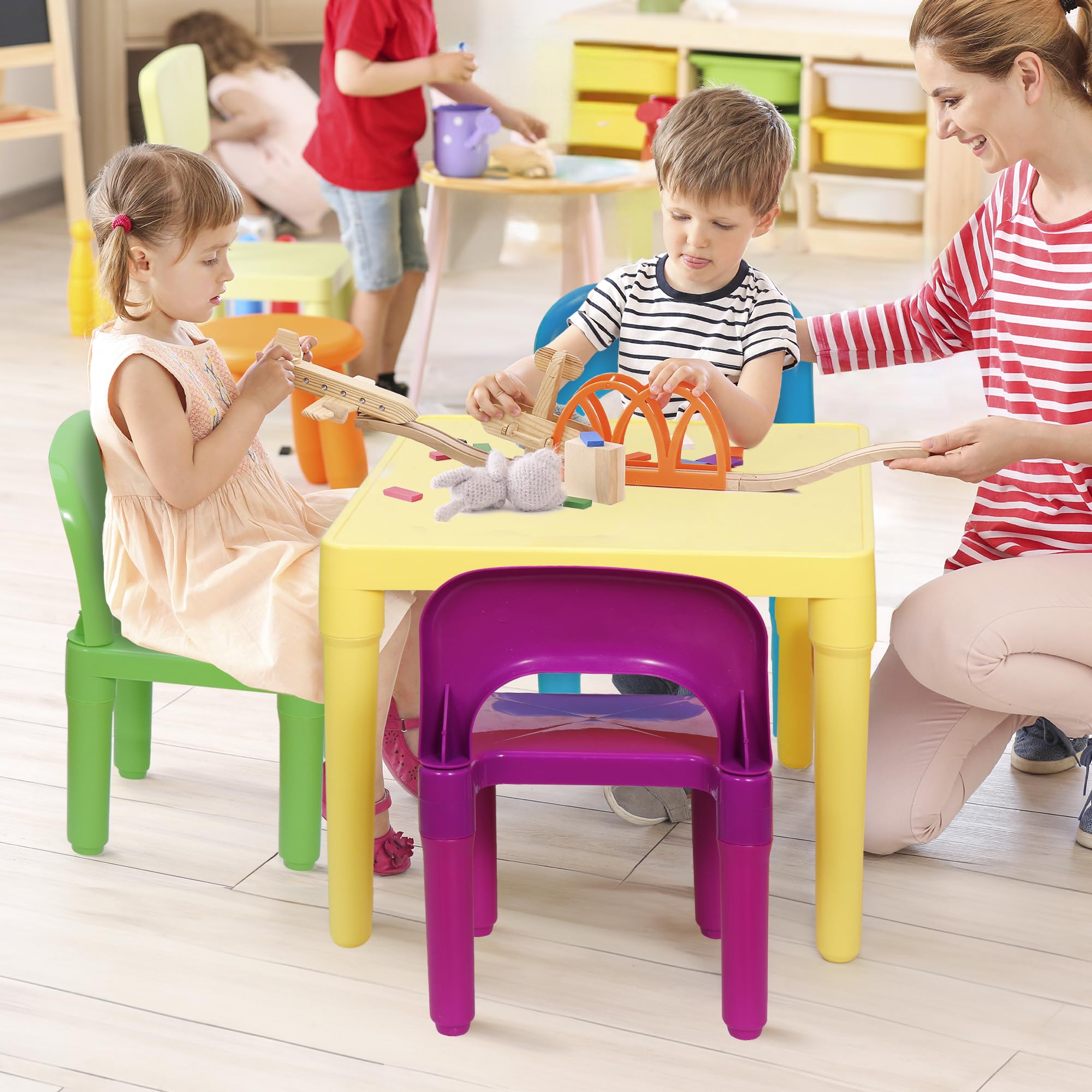 ZENY Kids Plastic Table and 4 Chairs Set - Colorful Playroom Furniture for Reading, Training, Arts & Crafts | Perfect for Toddler Activities, Preschool Learning & Home Play Area