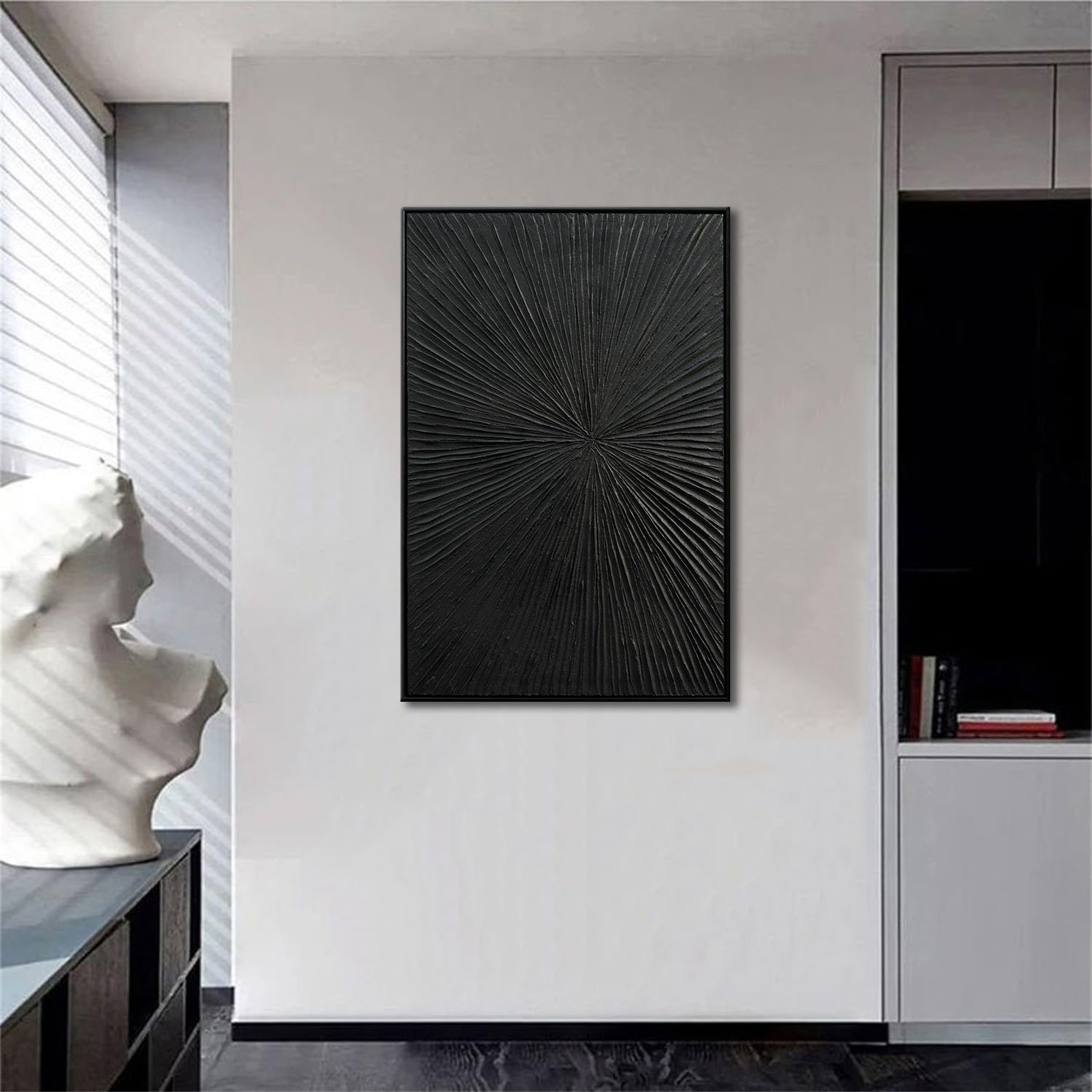 Modern Abstract Framed Black Relief Wall Art - Handmade Oil Painting on Canvas with Quartz Sand Texture - Elegant Home Decor for Living Room, Bedroom & Office
