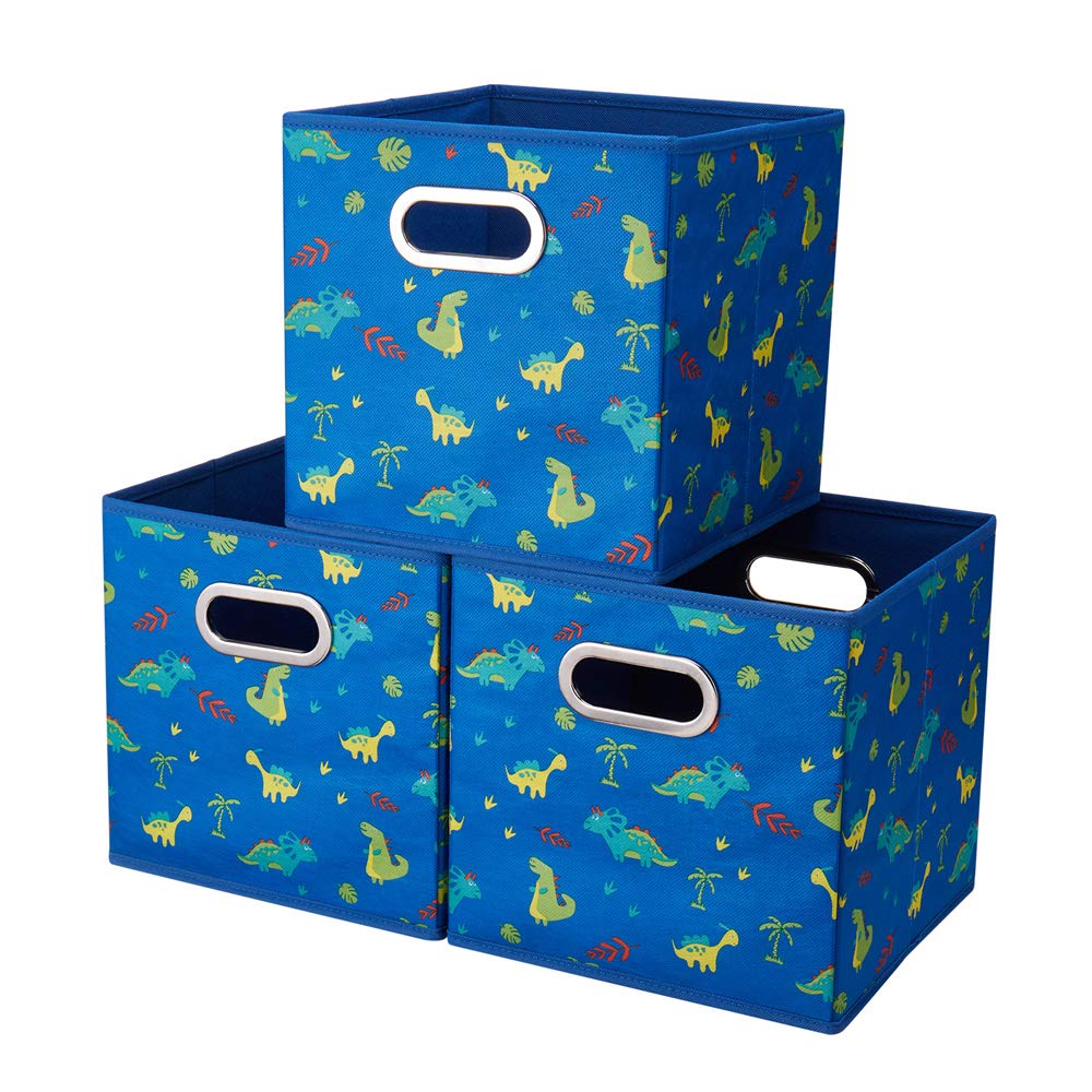 10.5 Inch Blue Fabric Storage Cubes - Foldable Collapsible Storage Bins with Dinosaur Decor | Organizer for Closet, Nursery, Playroom & Office | Fits Cube Organizers & Drawers (QY-SC13-3)