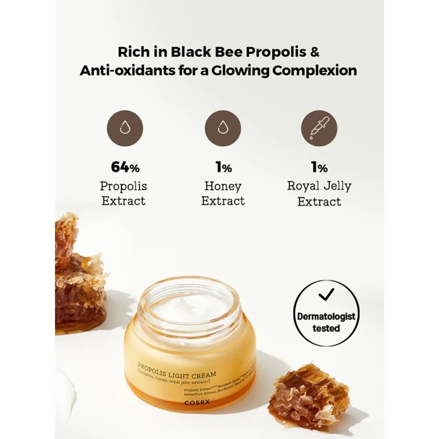 COSRX Full Fit Propolis Light Cream 65ml - Hydrating Moisturizer for Dry & Sensitive Skin | Day & Night Face Cream with Propolis Extract | Korean Skincare for Glowing Complexion | Perfect for Daily Hydration & Skin Barrier Repair