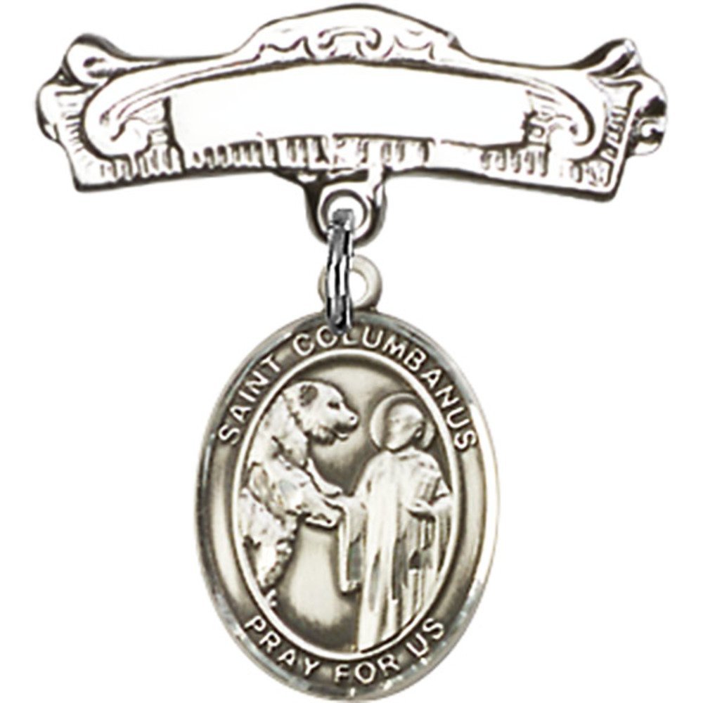 Sterling Silver Baby Badge with St. Columbanus Charm - 7/8 X 7/8 Inch Arched Polished Pin - Perfect for Christening Gifts, Baptism Keepsakes & First Communion Jewelry