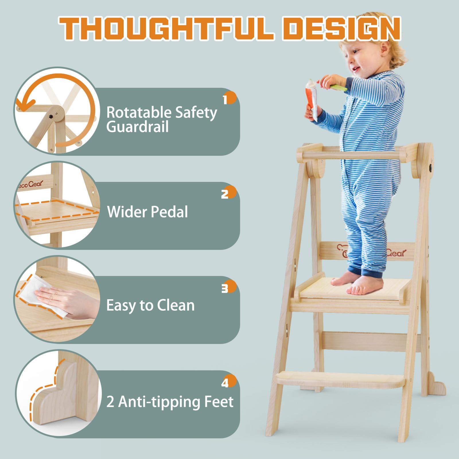 Foldable Wooden Toddler Step Stool with 3 Adjustable Heights - Safe Kitchen Helper Tower for Kids - Collapsible Learning Stool for Bathroom & Cooking - Perfect Montessori Training Tool for Toddlers (Natural Wood) - Ideal for Baking, Washing Hands & Countertop Activities