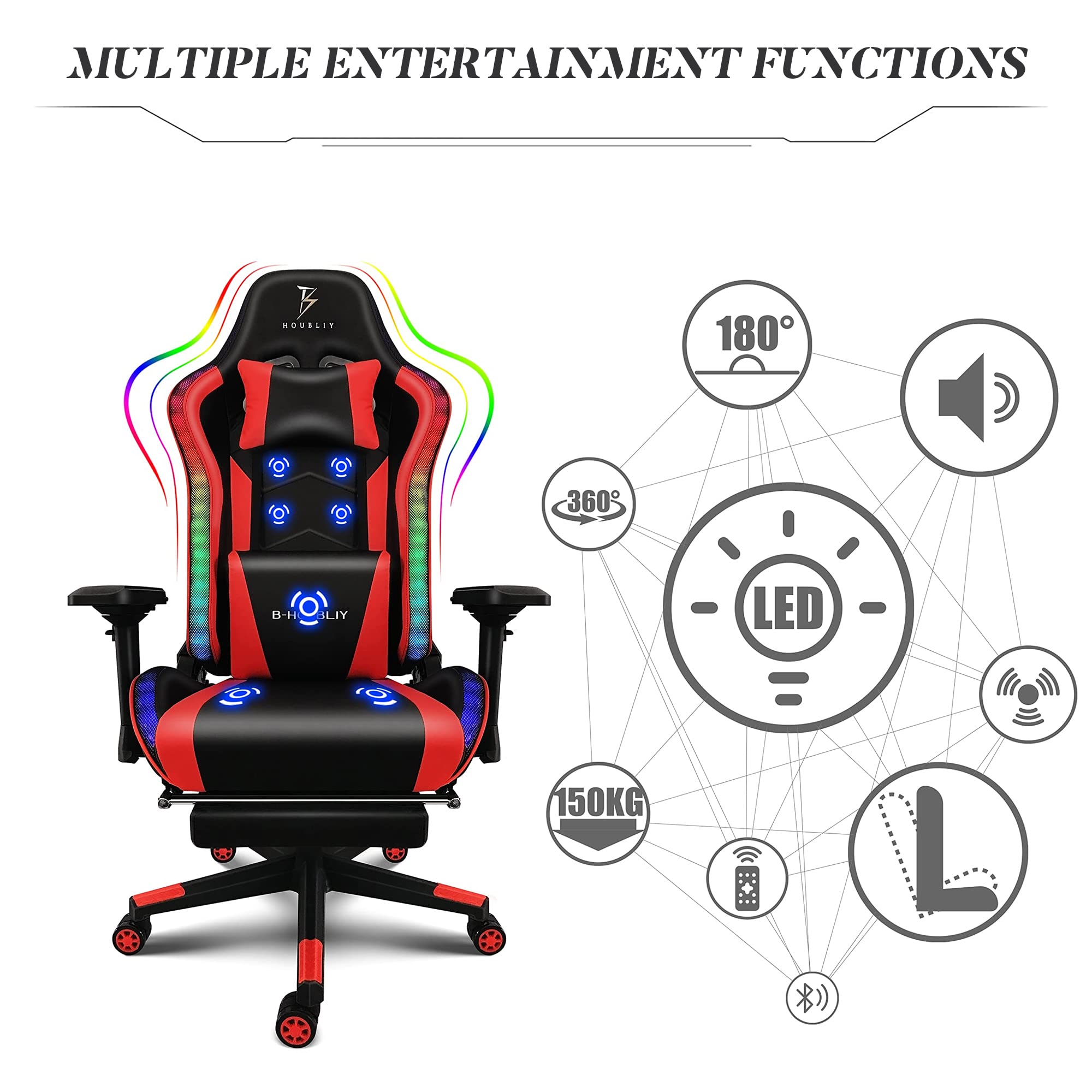 RGB Gaming Chair with Footrest & Massage - Ergonomic High Back Computer Chair with 4D Armrests, Lumbar Support & Built-in Speakers - 360° Swivel PU Leather Racing Chair for PC/Console Gaming - Perfect for Esports, Streaming & Home Office Setup