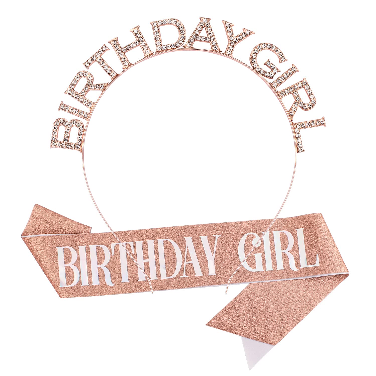 Chanaco Birthday Girl Headband, Sash & Tiara Set - Rose Gold Birthday Crown for Women - Perfect for Birthday Parties, Bachelorette, Girls' Night Out & Special Celebrations