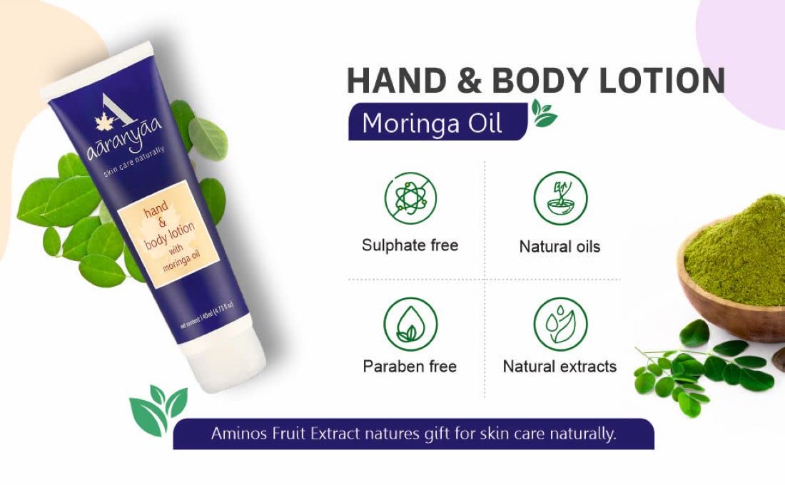 Aaranyaa Hand & Body Lotion 140ml - Deep Moisturizing Dry Skin Treatment with Plant-Based Moringa Oil, Ashwagandha & Brahmi Extracts - Paraben Free - Perfect for Daily Hydration & Nourishment at Home or Travel