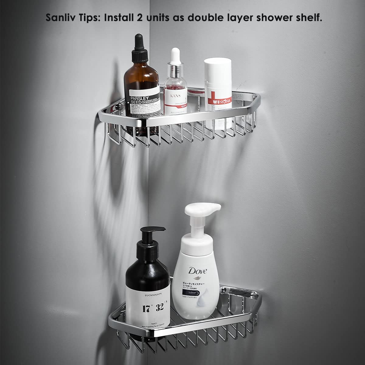 Stainless Steel Corner Shower Caddy Basket - Rustproof Shampoo Holder for Shower Wall, Bathroom Organizer Shelf with Adjustable Arms - Perfect for Small Spaces & Apartment Showers