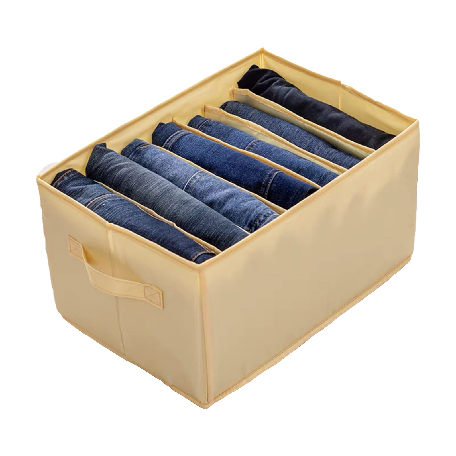 Foldable 7-Grid Non-Woven Mesh Storage Organizer with Handle - Clothes & Jeans Compartmentalized Drawer Organizer Box for Bedroom, Closet & Travel - Yellow