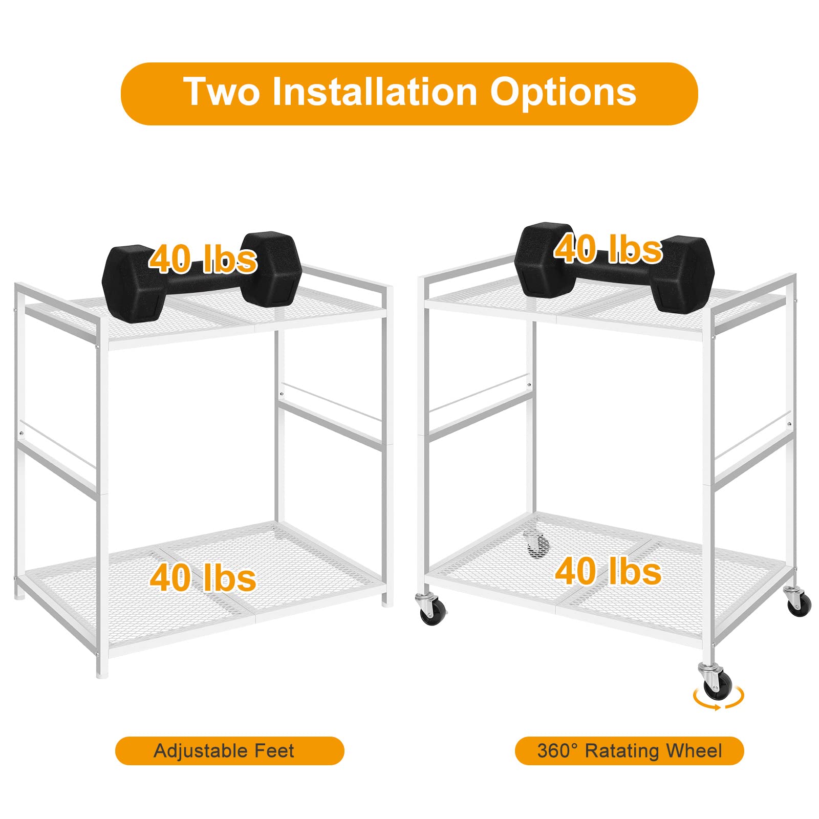 Metal Rolling Computer Tower Stand with 2-Tier Storage - Heavy Duty PC Stand Holds 40lbs, Under Desk Mobile Printer Cart for Home & Office Workspace (White) - Perfect for Compact Desks & Clutter-Free Workspaces