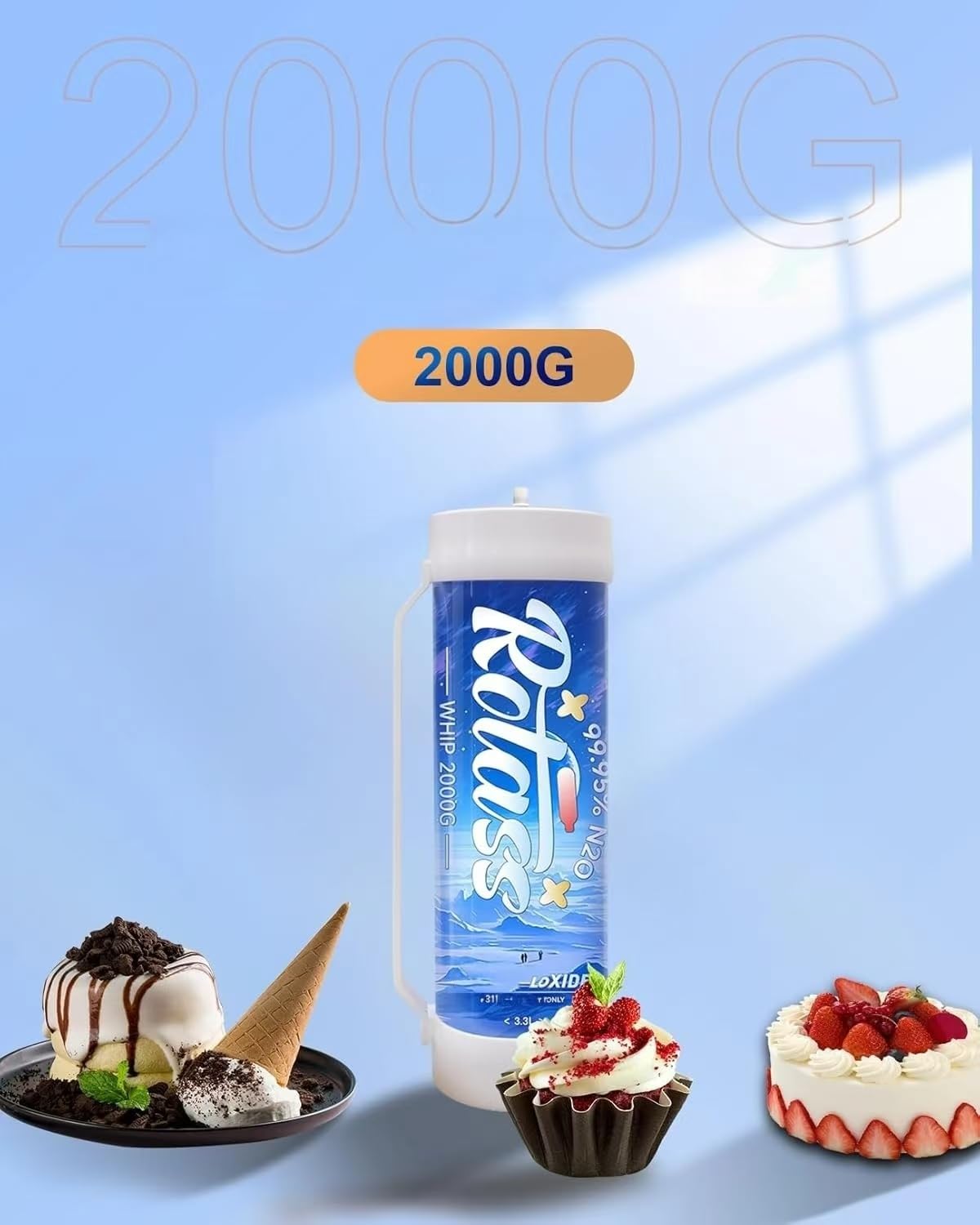 N2O Cream Chargers 2000g (3.3L) - Premium Whipped Cream Gas Canisters for Professional Baking, Coffee Toppings & Cocktail Mixing - Compatible with Standard Cream Dispensers (Pack of 2) - Perfect for Desserts, Lattes & Party Drinks