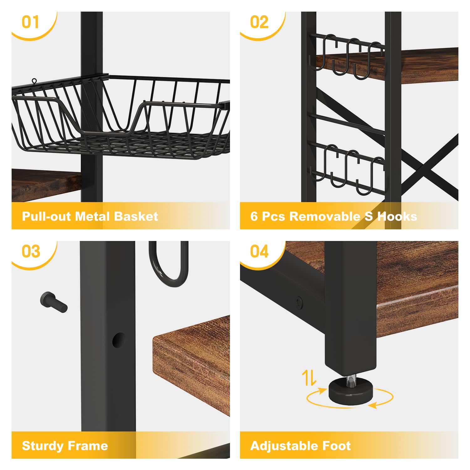Homeiju Kitchen Island with Power Outlet | Rustic Brown Baker's Rack & Microwave Stand | Coffee Bar Station with 3 Removable Wire Baskets | Kitchen Storage Organizer with 6 S-Hooks for Spices, Pots & Pans | Perfect for Small Kitchens, Apartments & Coffee Stations