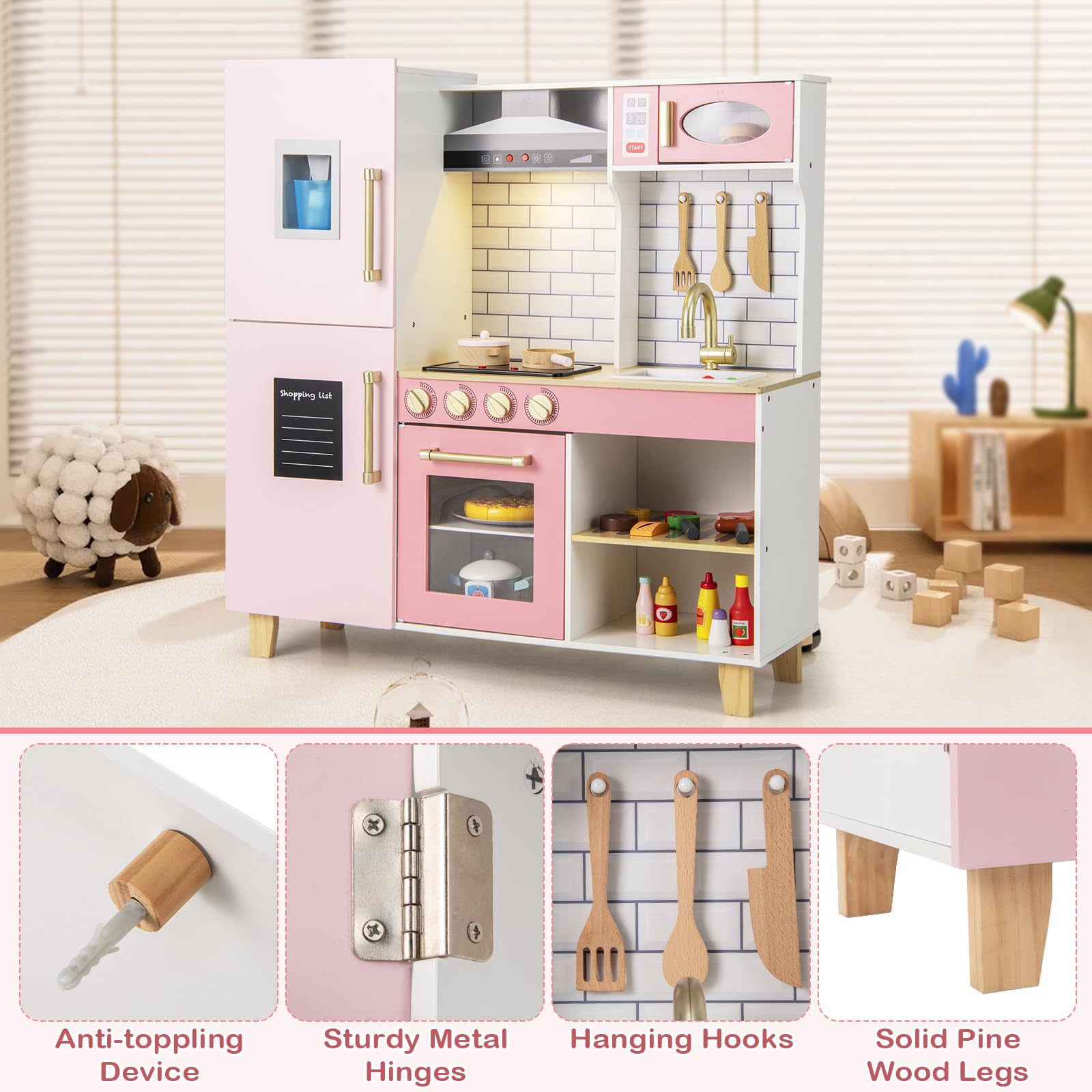 Costzon Wooden Kids Kitchen Playset with BBQ Grill, Ice Maker, Range Hood & Cooking Accessories - Interactive Pretend Play Toy Kitchen with Lights & Sounds, Blackboard - Perfect Gift for Toddlers Ages 3+ (Ideal for Birthday, Christmas & Role-Playing Fun)
