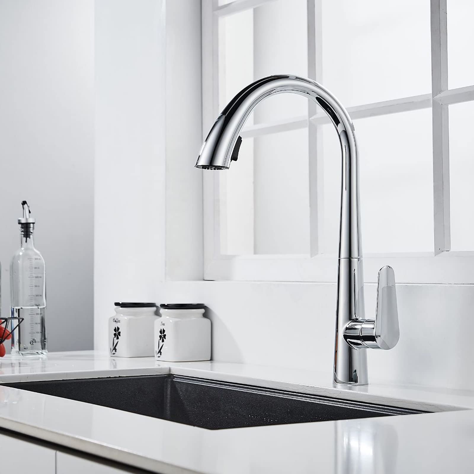 High Arc Pull Down Kitchen Faucet with Sprayer - Dual Function Brass Commercial Sink Faucet - Chrome Single Handle Single Hole Design - Perfect for Modern Kitchens & Restaurant Use