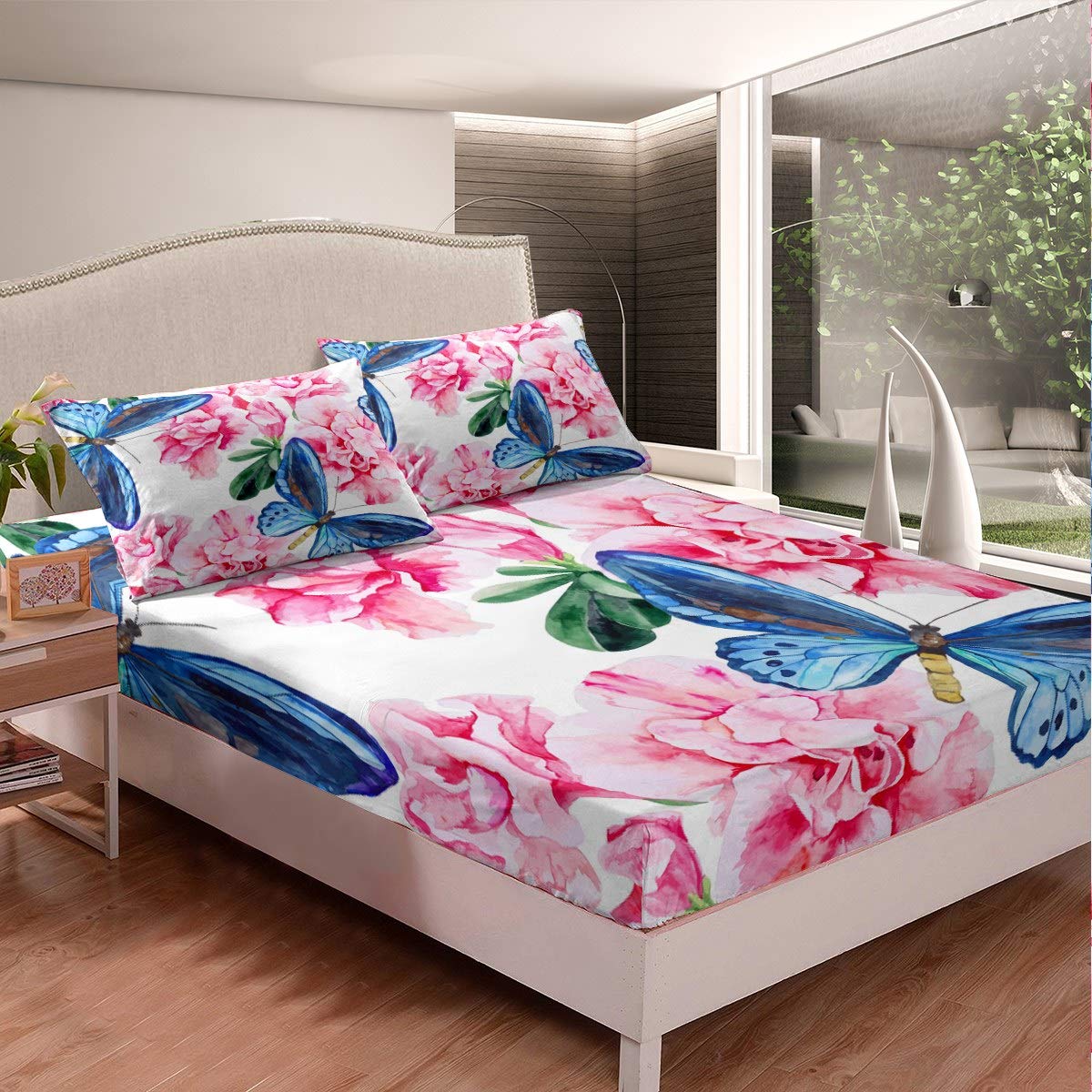 Floral Print Bed Sheet Set for Girls & Women - Blue Butterfly & Pink Blossom Flowers Full Size Fitted Sheet, Bed Cover & Decor | Perfect for Kids' Rooms, Daughter's Bedroom & Feminine Home Decor