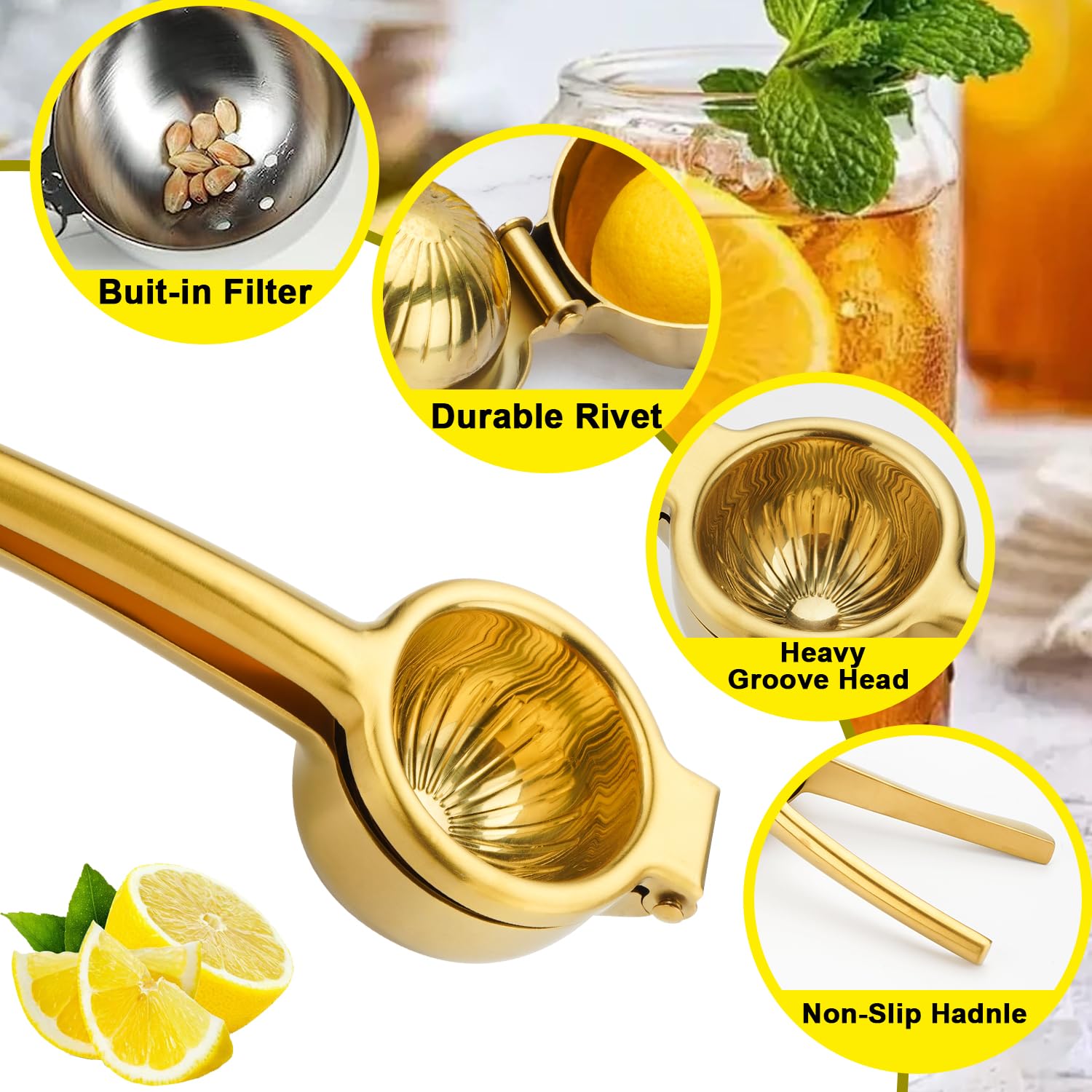 Premium Stainless Steel Lemon Squeezer - Heavy Duty Manual Citrus Juicer for Lemon, Lime & Orange - Rose Gold Bar Tool for Cocktails, Cooking & Healthy Juicing