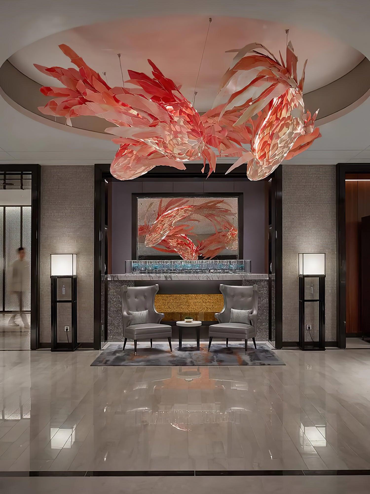 Elegant Crimson Swirl Koi Chandelier - Handcrafted Glass Pendant Light for Dining Room, Living Room & Bedroom Decor