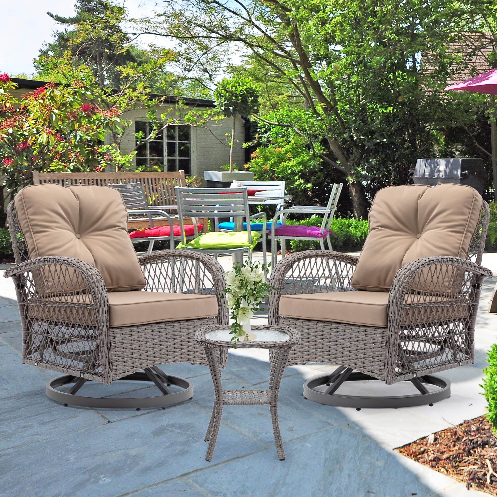 360° Swivel Patio Chairs Set - 3-Piece Outdoor Rocking Bistro Table & Chairs with Cushions - Rattan Wicker Porch Furniture for Garden, Deck, Backyard & Front Porch Relaxation