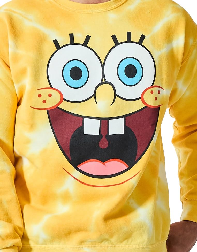 Spongebob Squarepants Big Face Men's Fleece Sweatshirt - Yellow Long Sleeve Crewneck Pullover | Soft Spiral Wash Fleece | Casual Wear, Lounge, Cosplay & Gift for Fans